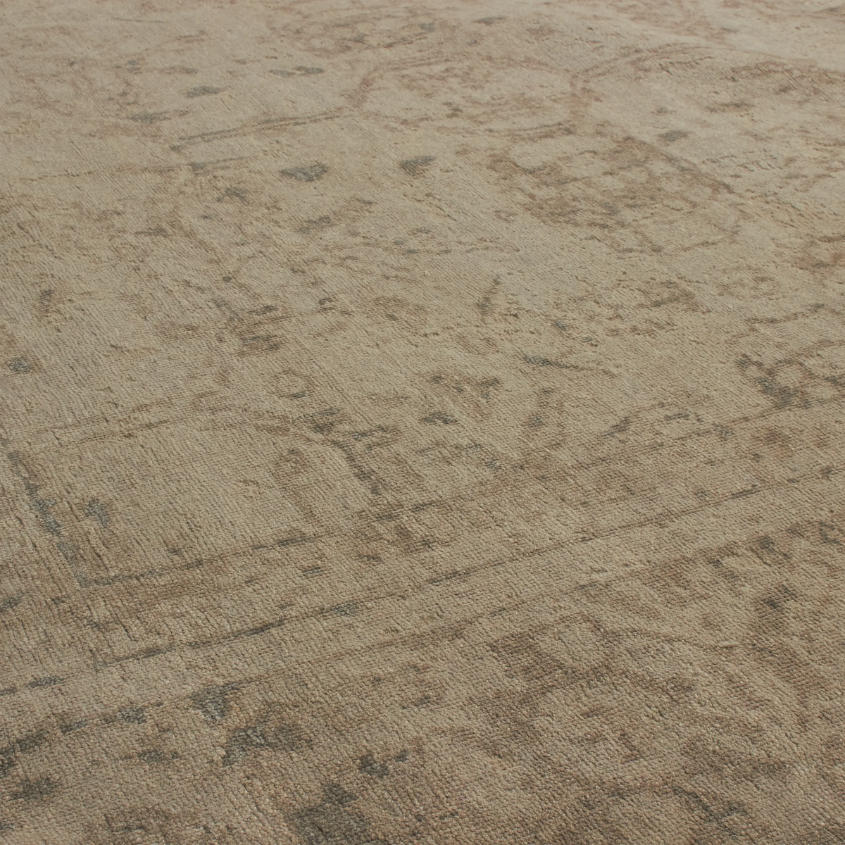 A close-up of a textured area rug with a distressed, traditional pattern in shades of beige, taupe, and gray.