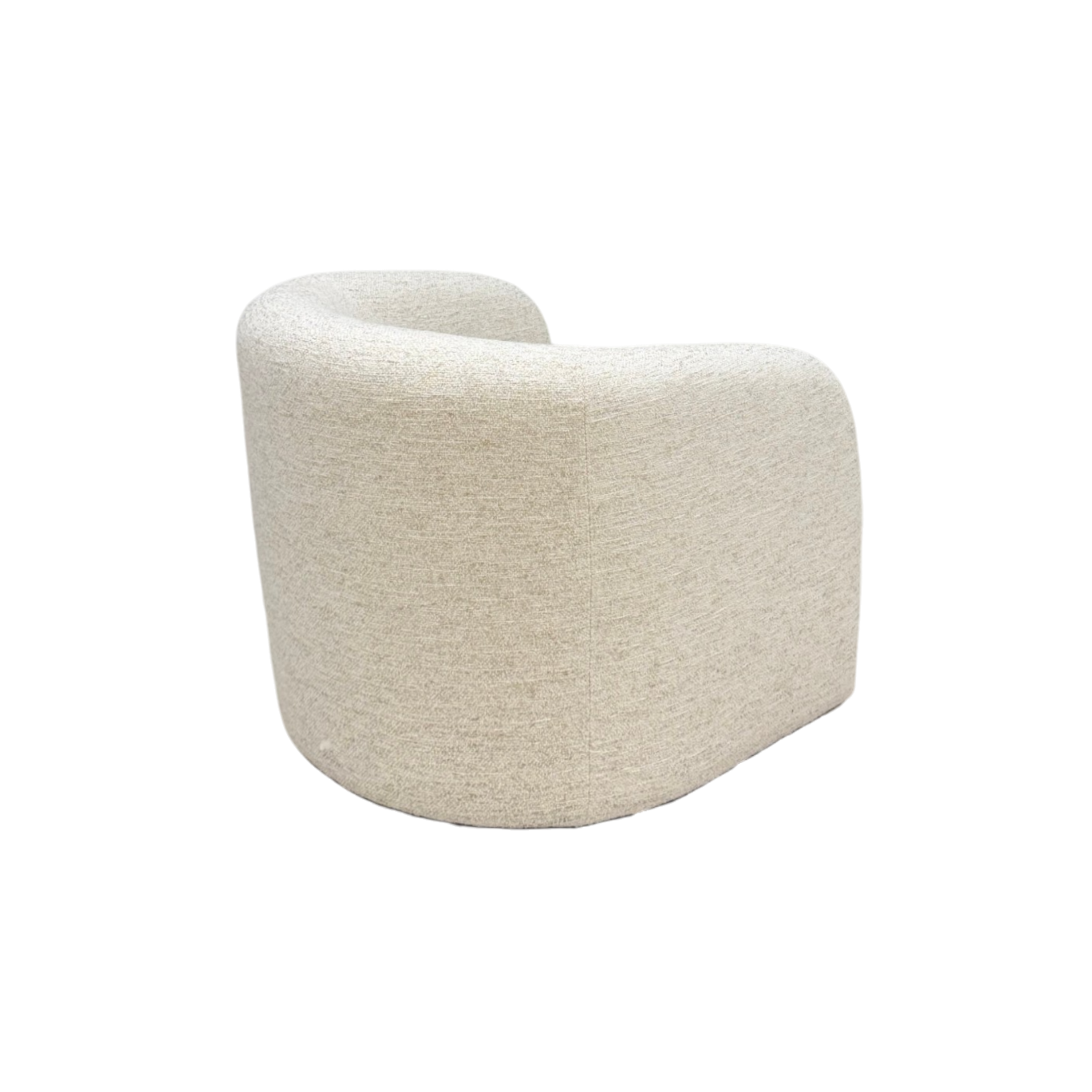 Rear view of Sigma Lounge Chair showing the continuous curved back upholstered in textured Grey Oak fabric.
