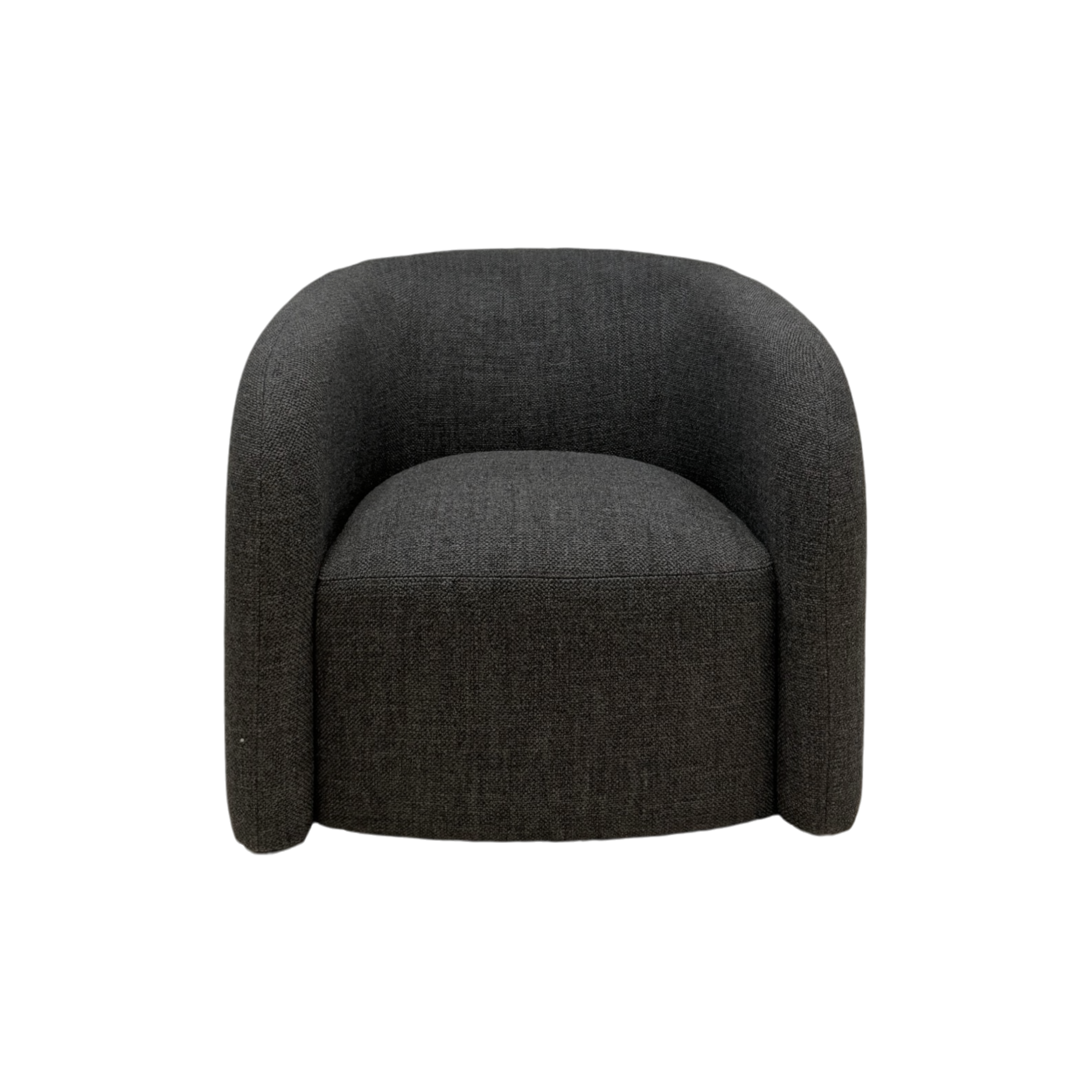 Front view of Sigma Lounge Chair in Ebony Oak with a curved back, wraparound arms, and upholstered seat.