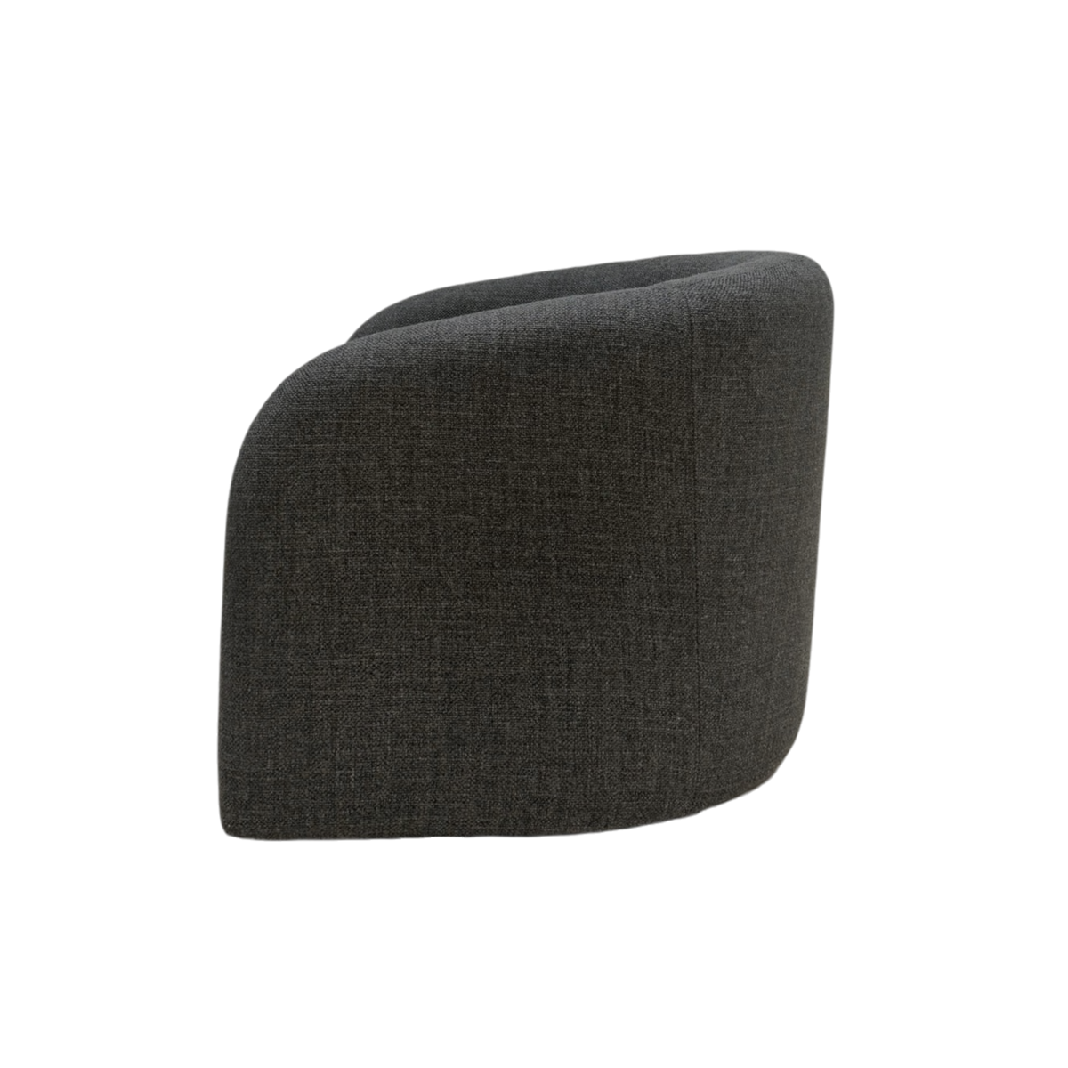 Side view of Sigma Lounge Chair showing its softly angled arms, upright back, and rounded barrel-shaped profile in textured charcoal upholstery.