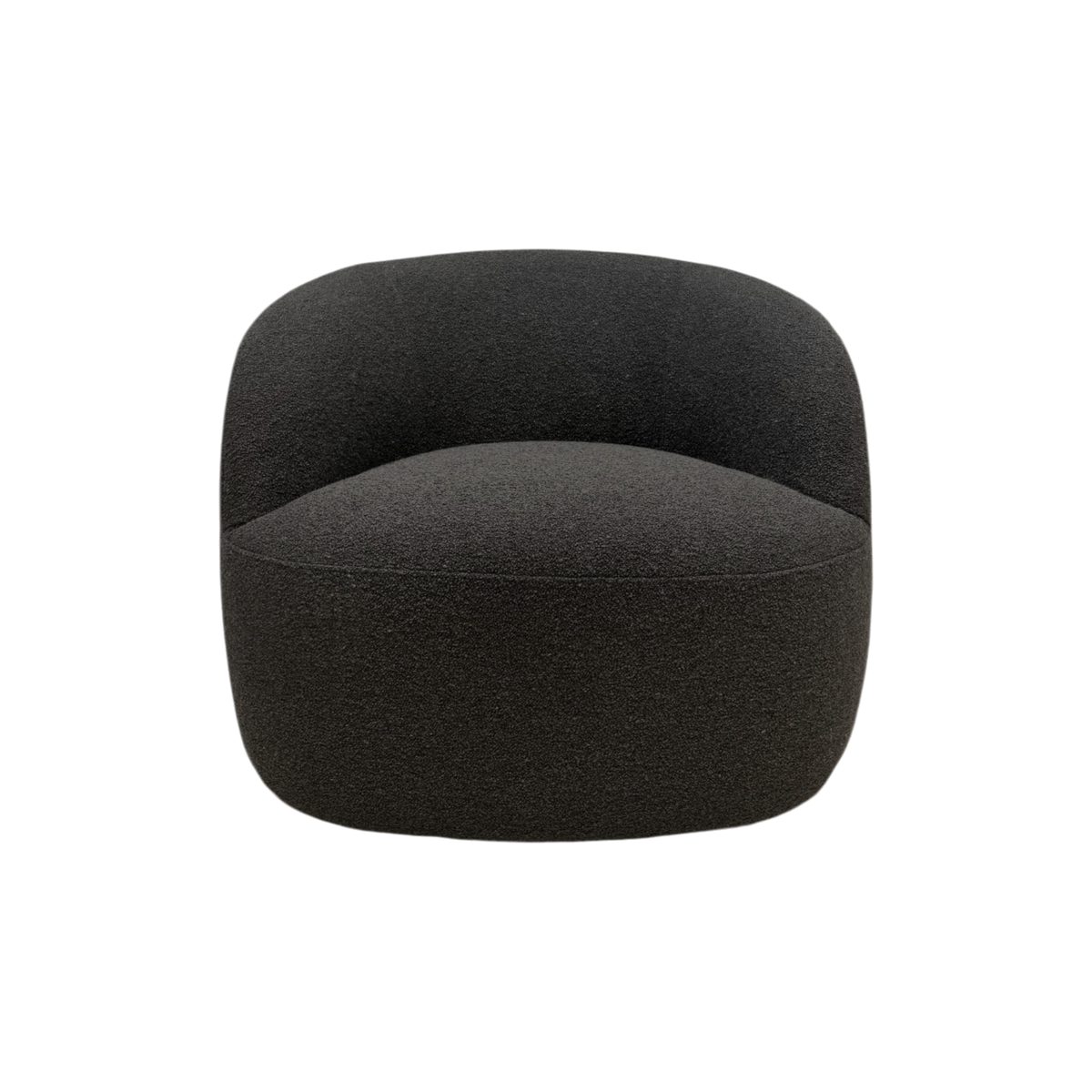 Front view of the Arcus Swivel Chair in deep charcoal fabric, showing its curved back, wraparound sides, and rounded seat.