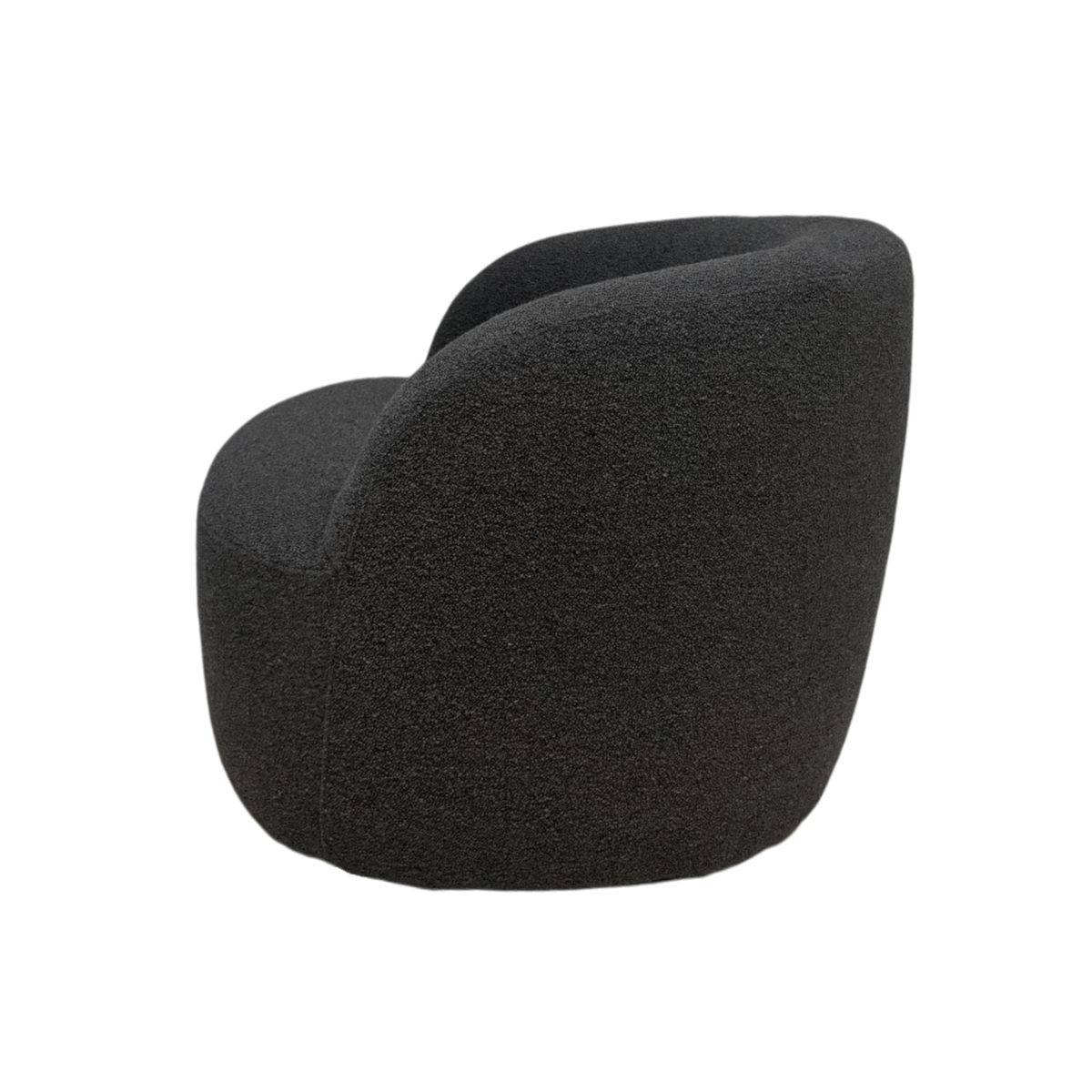 Side view of the Arcus Swivel Chair showing its continuous curved profile and softly rounded back in textured charcoal upholstery.