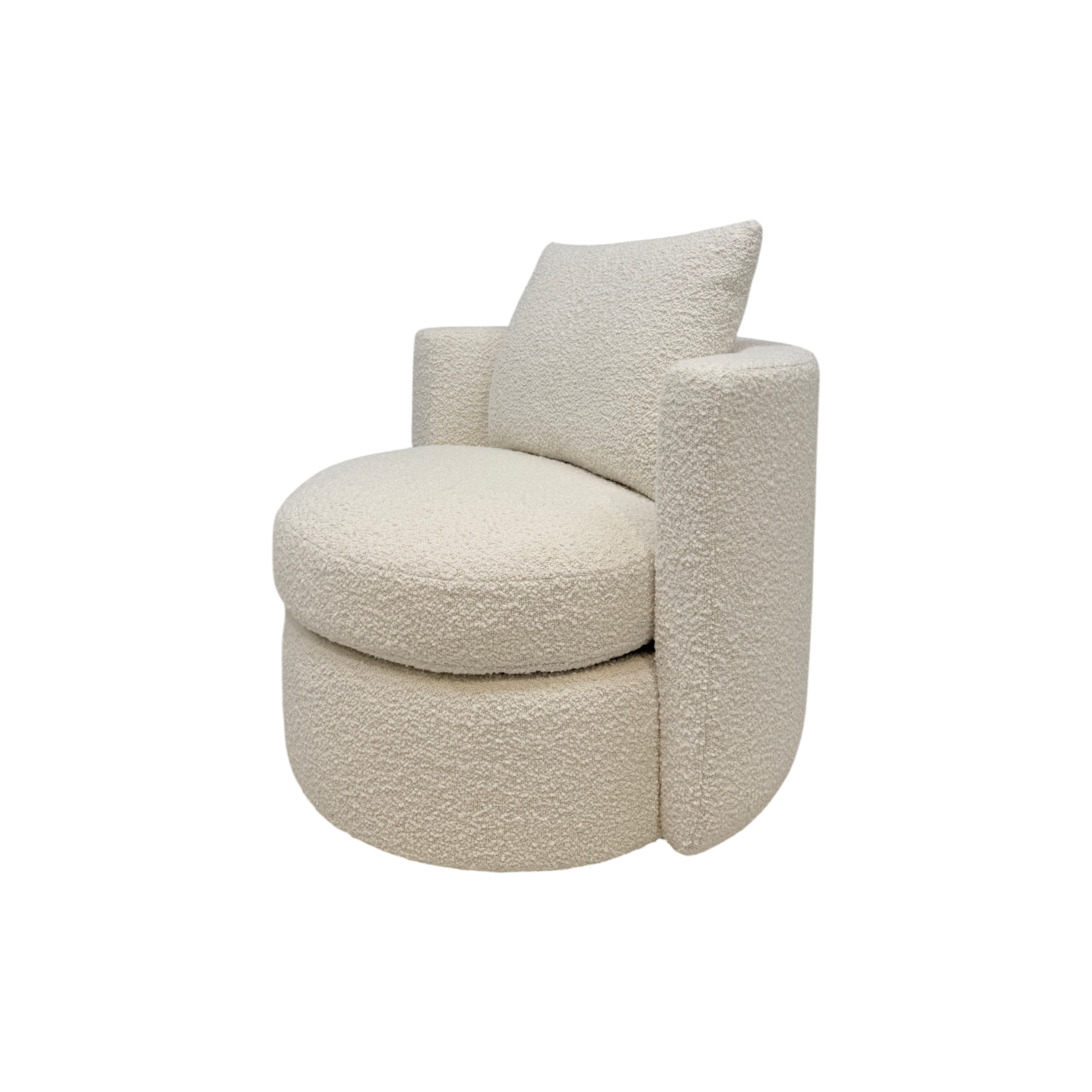 Solenne Swivel Chair three-quarter view highlighting the sculptural rounded form and textured ivory upholstery.