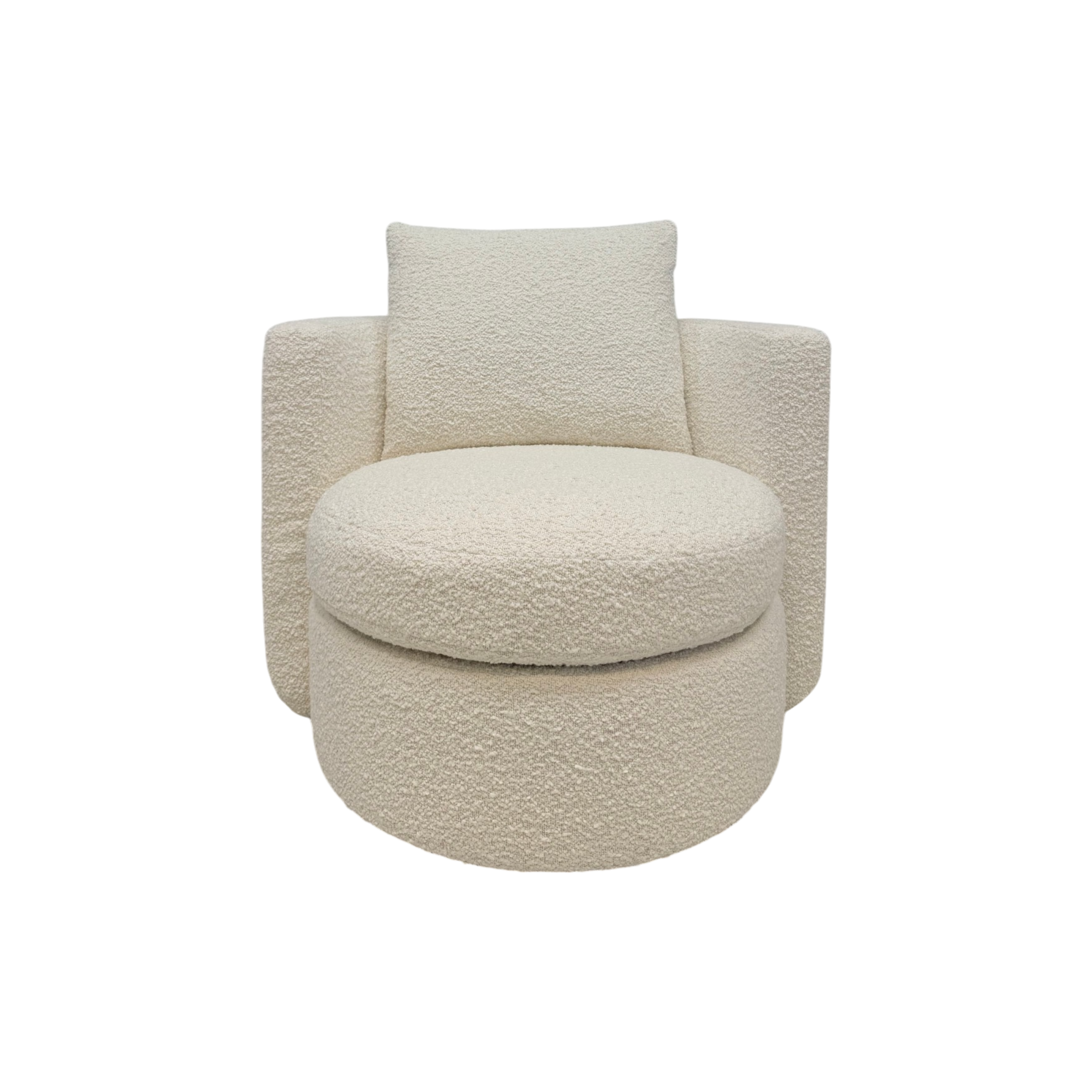 Solenne Swivel Chair in Nat Oak ivory upholstery, front view with rounded seat, upright side panels, and curved lumbar cushion.