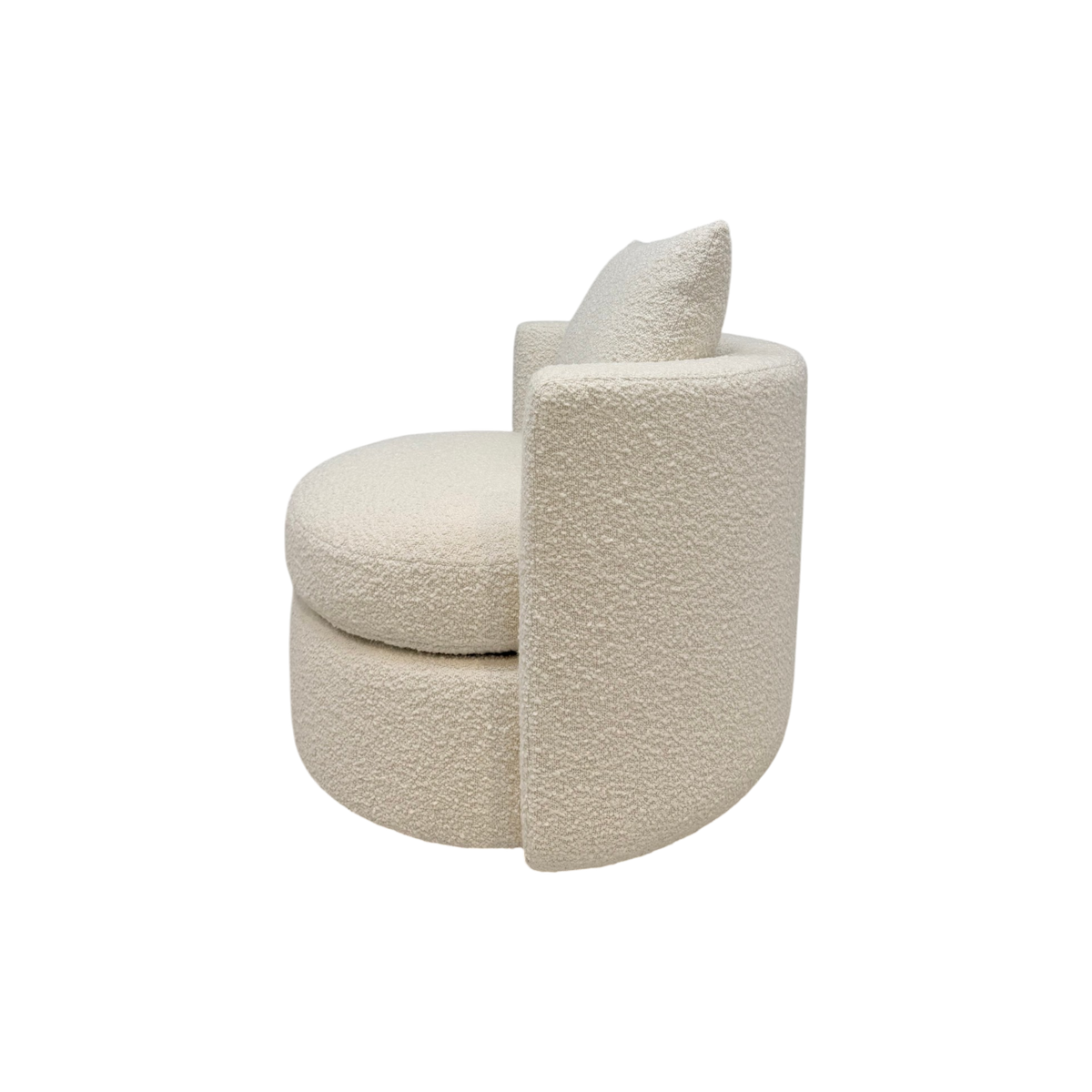 Solenne Swivel Chair in textured ivory fabric, side view highlighting the curved swivel base and continuous upholstered side panel.