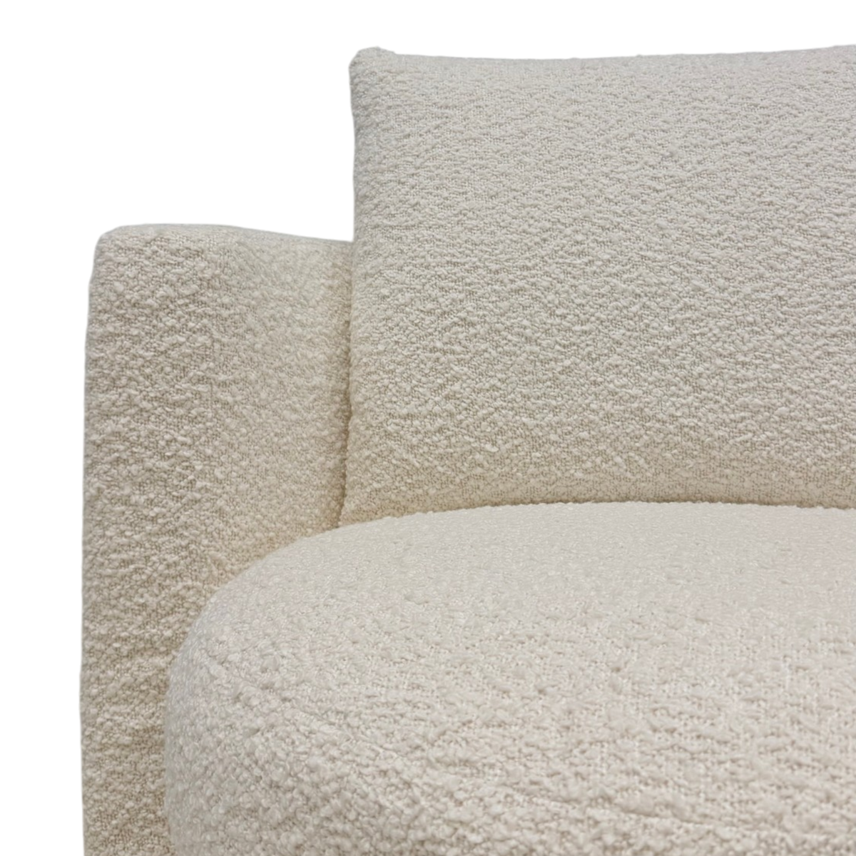 Solenne Swivel Chair detail showing the ivory textured upholstery, rounded seat cushion, and softly curved side panel.