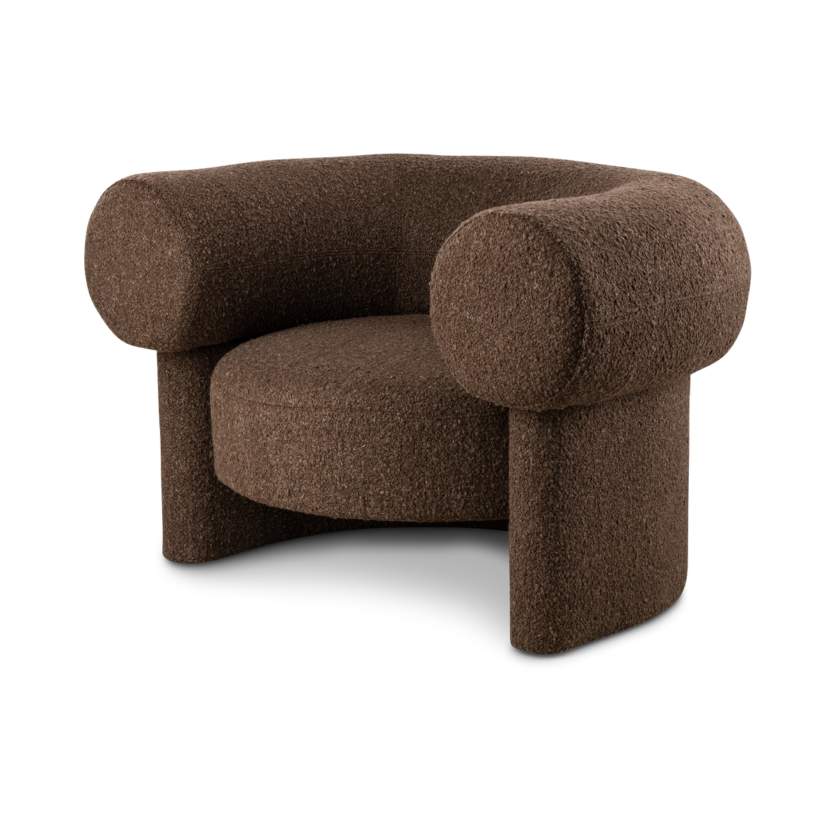 Embrace Lounge Chair angled from the front in Espresso bouclé, highlighting the bolstered cylindrical arms, plush round seat, and curved cut-out base.