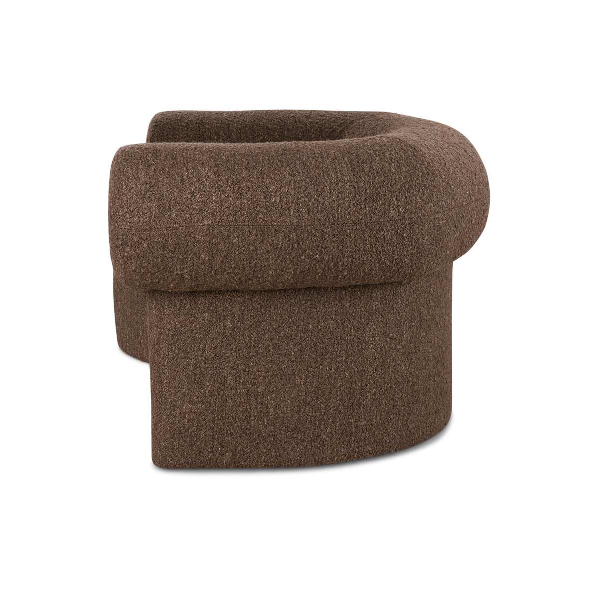Embrace Lounge Chair shown from the side in Espresso bouclé, with the rolled barrel arm, wraparound back, and solid panel base visible in profile.