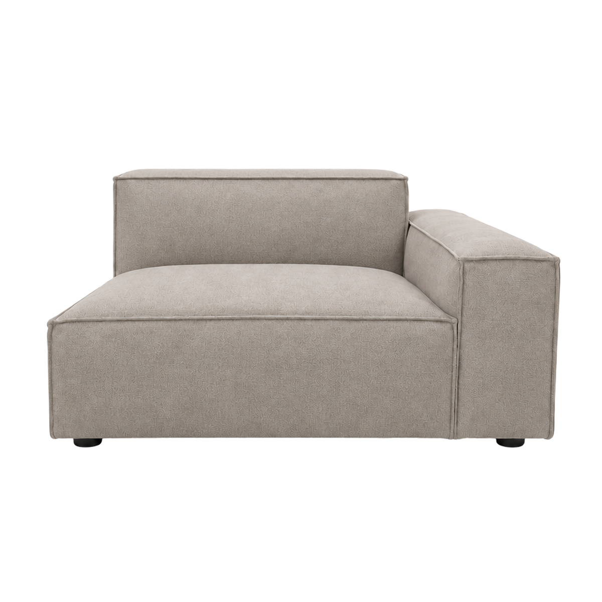 Vetro Modular RAF Chair shown from the front in heathered taupe woven fabric, with a wide track arm on the right, a deep seat cushion and piped edges above dark rounded feet.