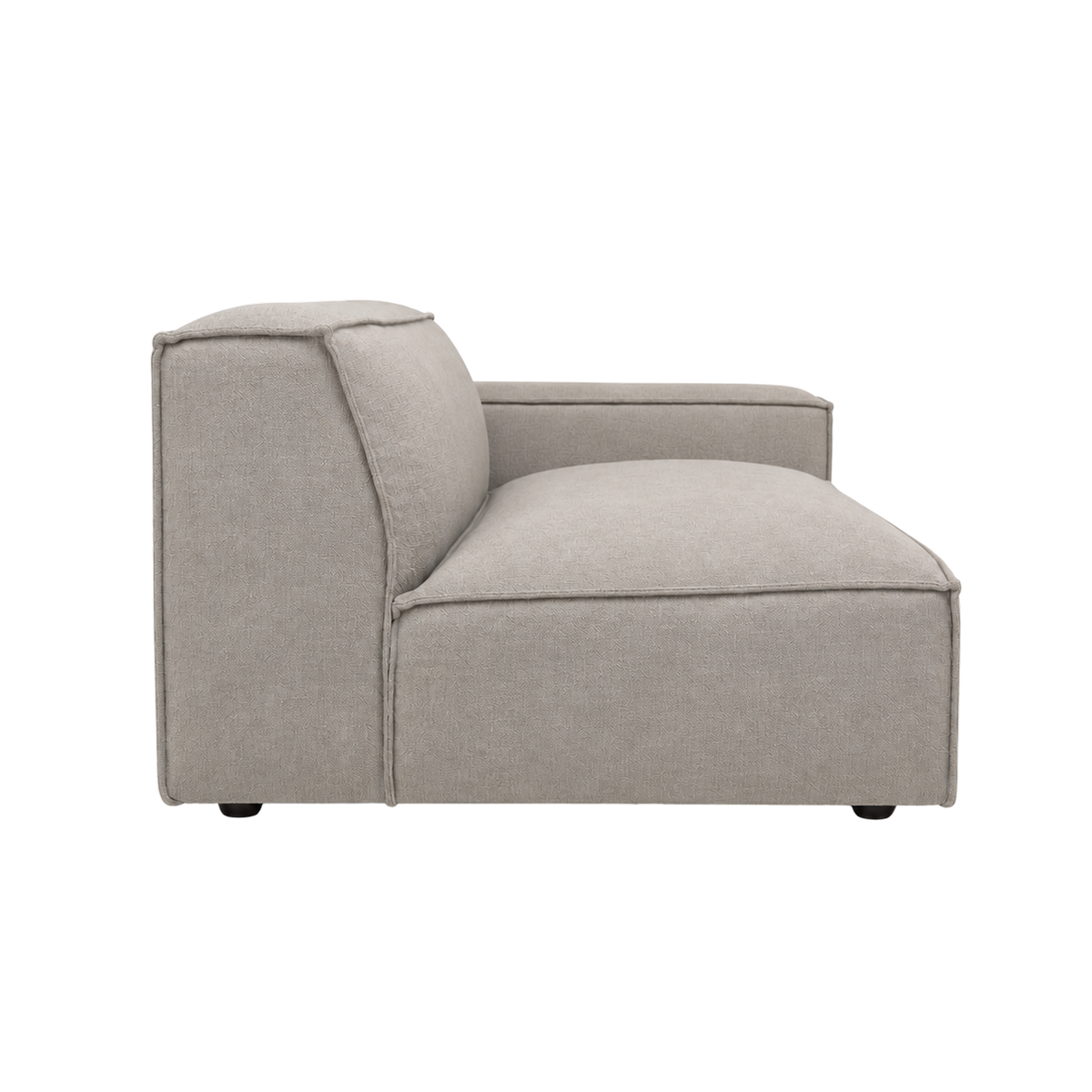 Vetro Modular RAF Chair in heathered taupe woven fabric, side view showing the cushioned back, deep seat and the low arm rising on the far side.