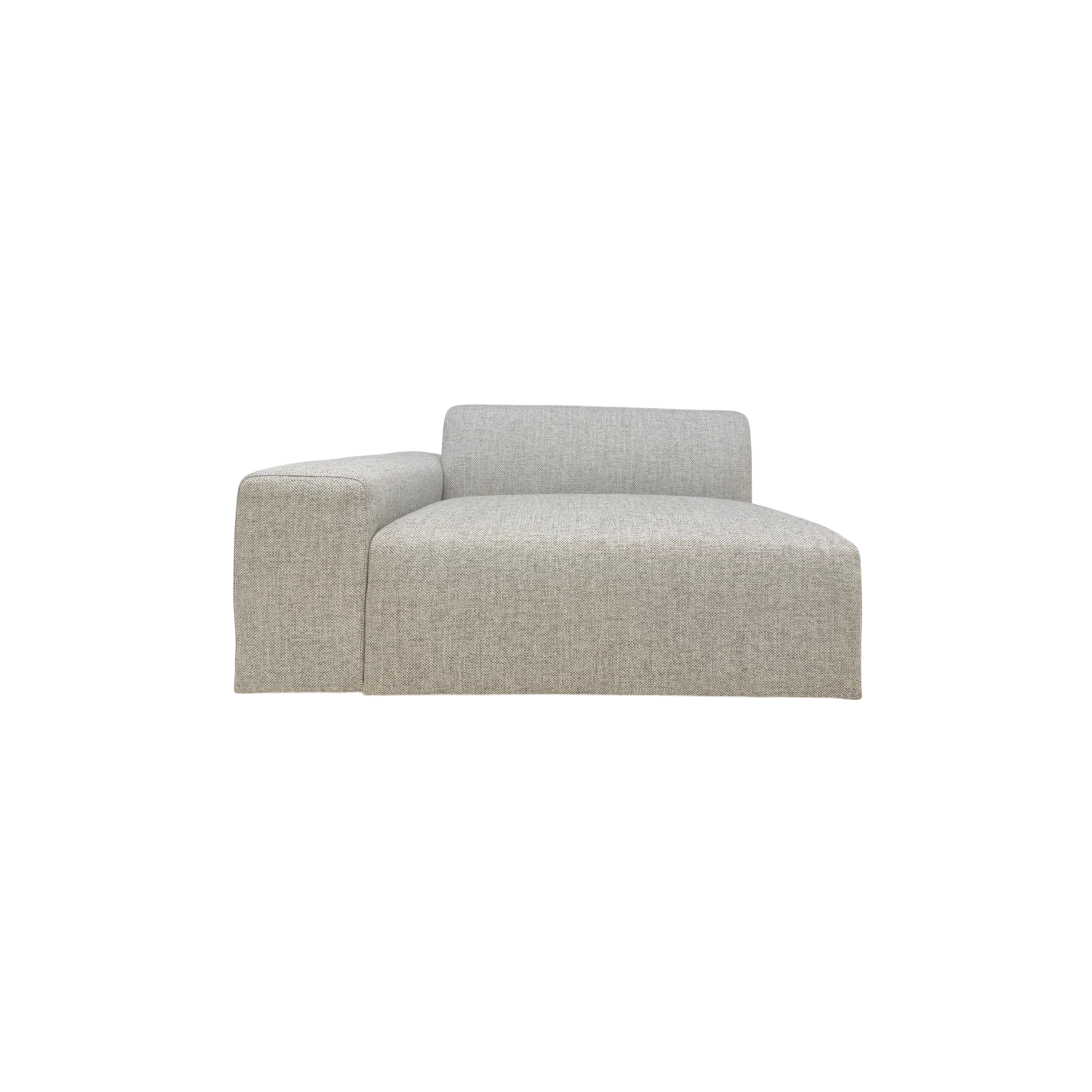 Vetro Bullnose LAF Chair in light woven grey upholstery, front view showing the broad open seat, low back, left arm, and rounded bullnose edge.