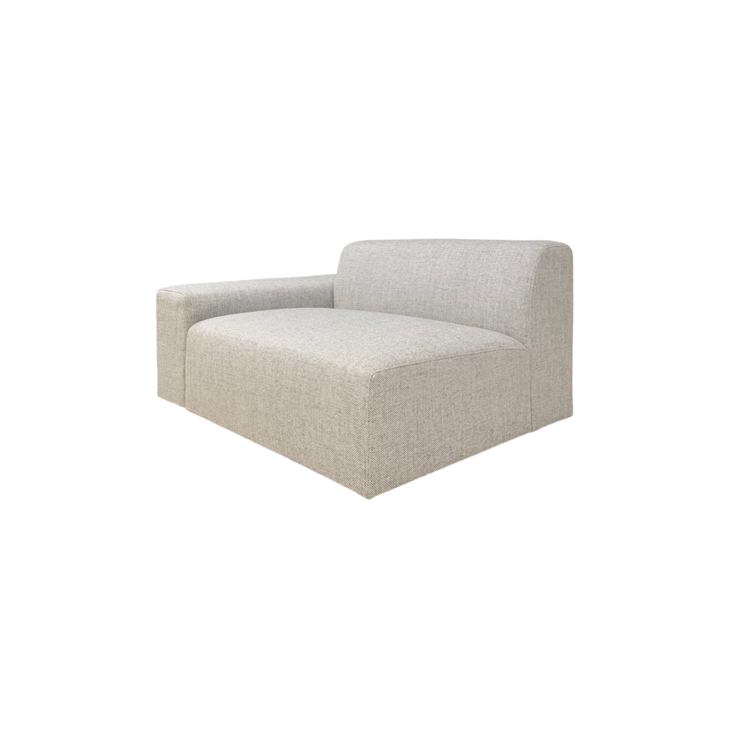 Vetro Bullnose LAF Chair in light grey woven fabric, angled front view highlighting the open sectional side, left arm, low back, and softly rounded seat profile.