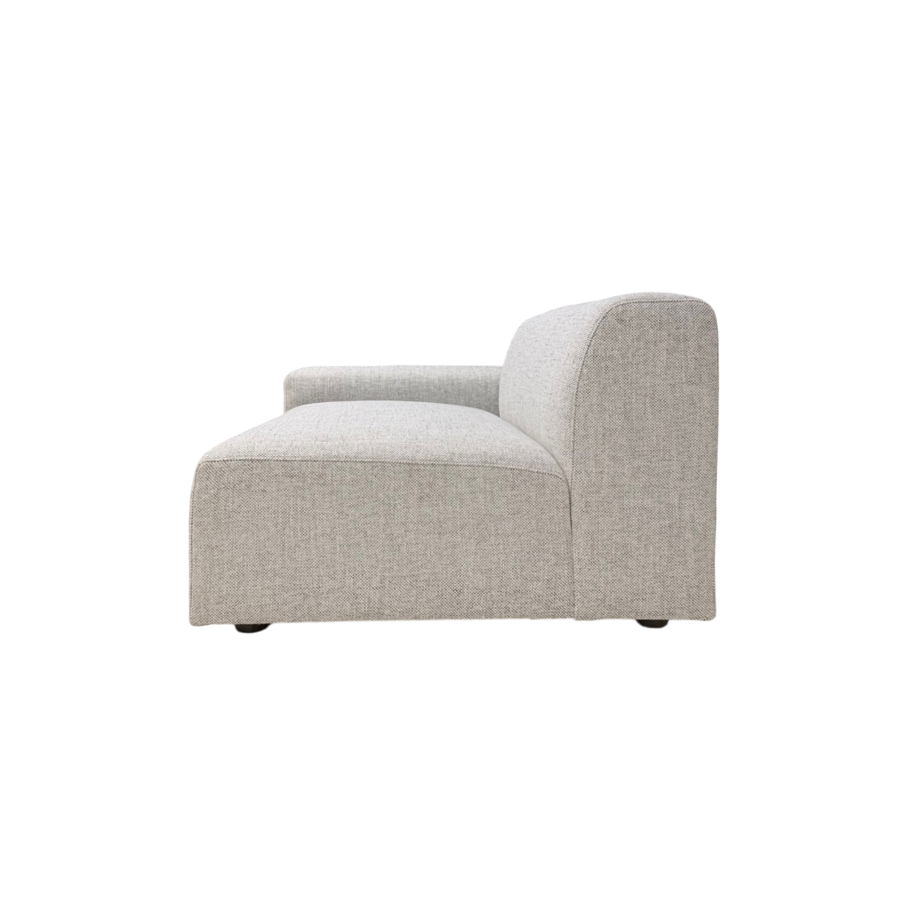 Vetro Bullnose LAF Chair in light woven grey upholstery, side view showing the low wide seat, rounded back, and left-side arm.