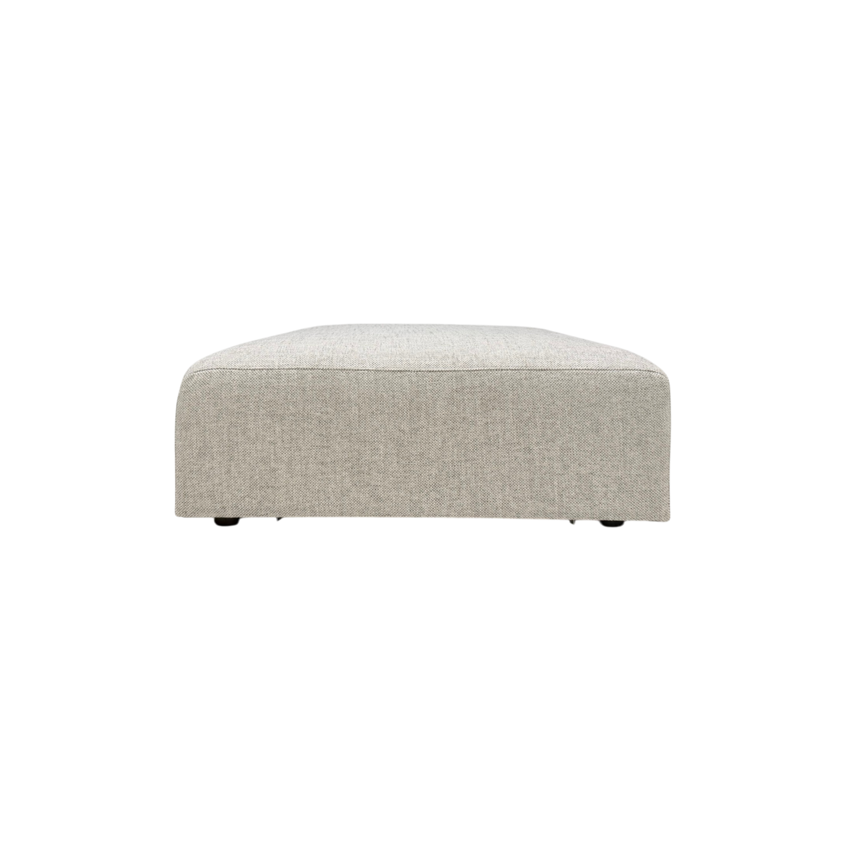 Vetro Bullnose Ottoman in light woven grey upholstery, front view highlighting the broad cushioned top and rounded bullnose profile.