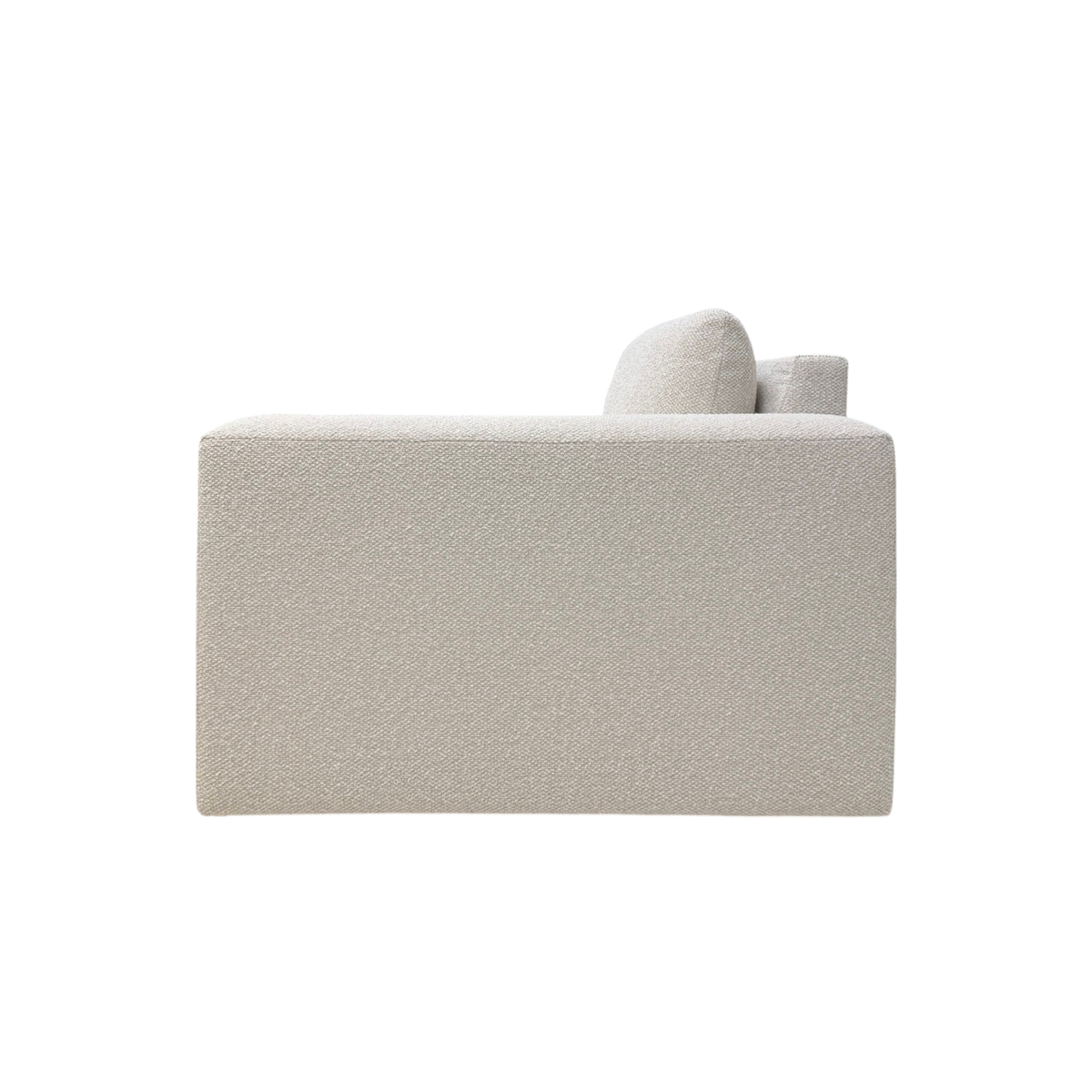 Tempo Modular RAF Chair rear view showing the fully upholstered low-profile frame in ivory textured fabric with the back cushion and right arm softly visible.