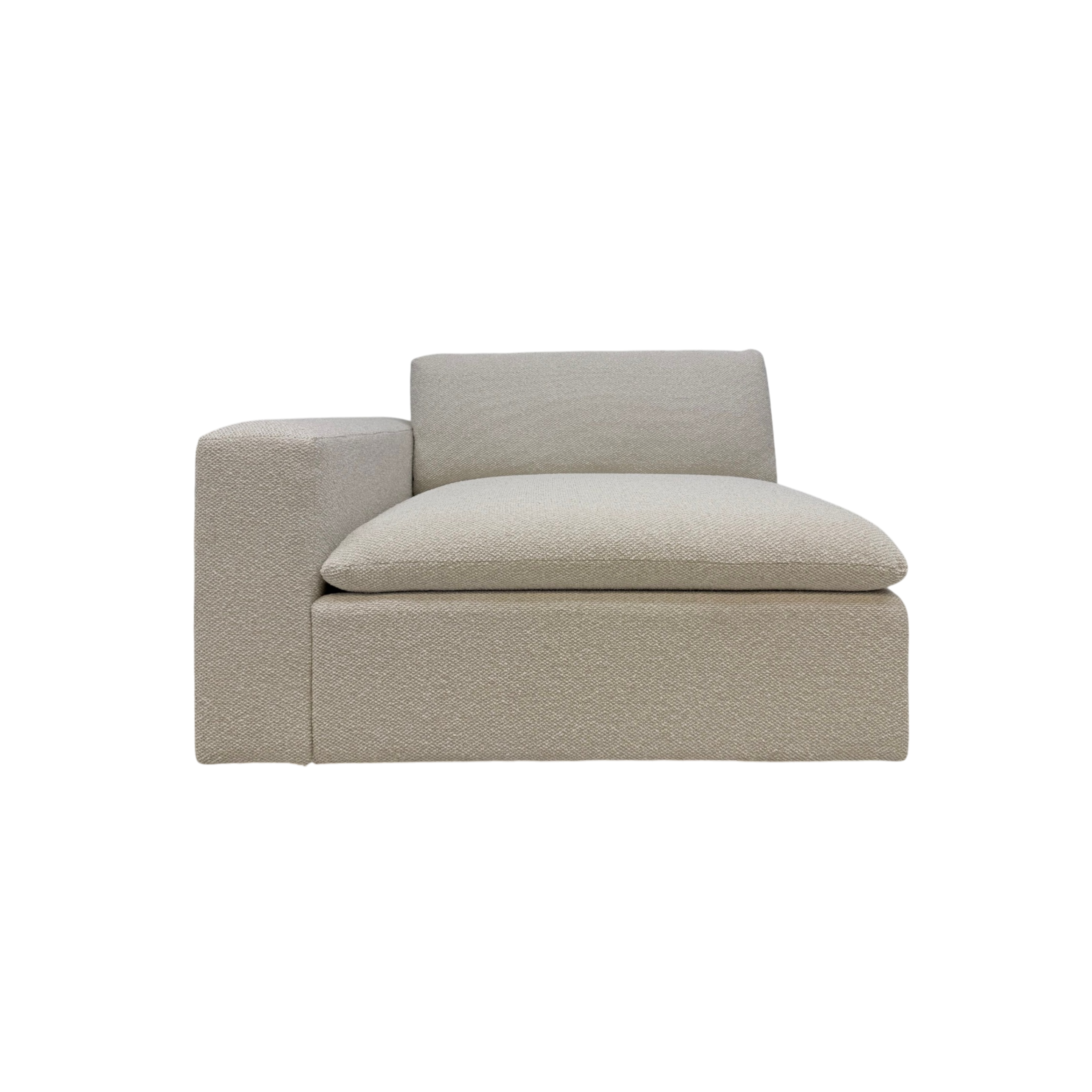 Tempo Modular LAF Chair front view featuring ivory textured upholstery, a deep cushioned seat, loose back cushion, and clean low-profile modular form.