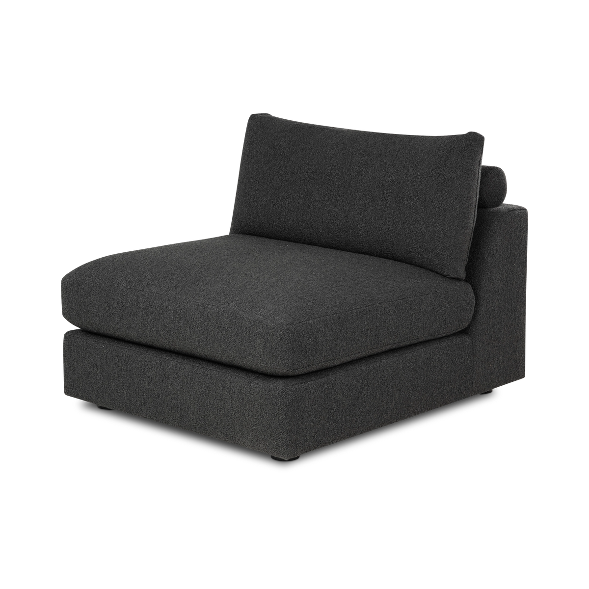 Angled view of the Colonna Modular Armless Chair in charcoal bouclé, highlighting the deep seat cushion, the rectangular back cushion, and the squared base with its seam detail.