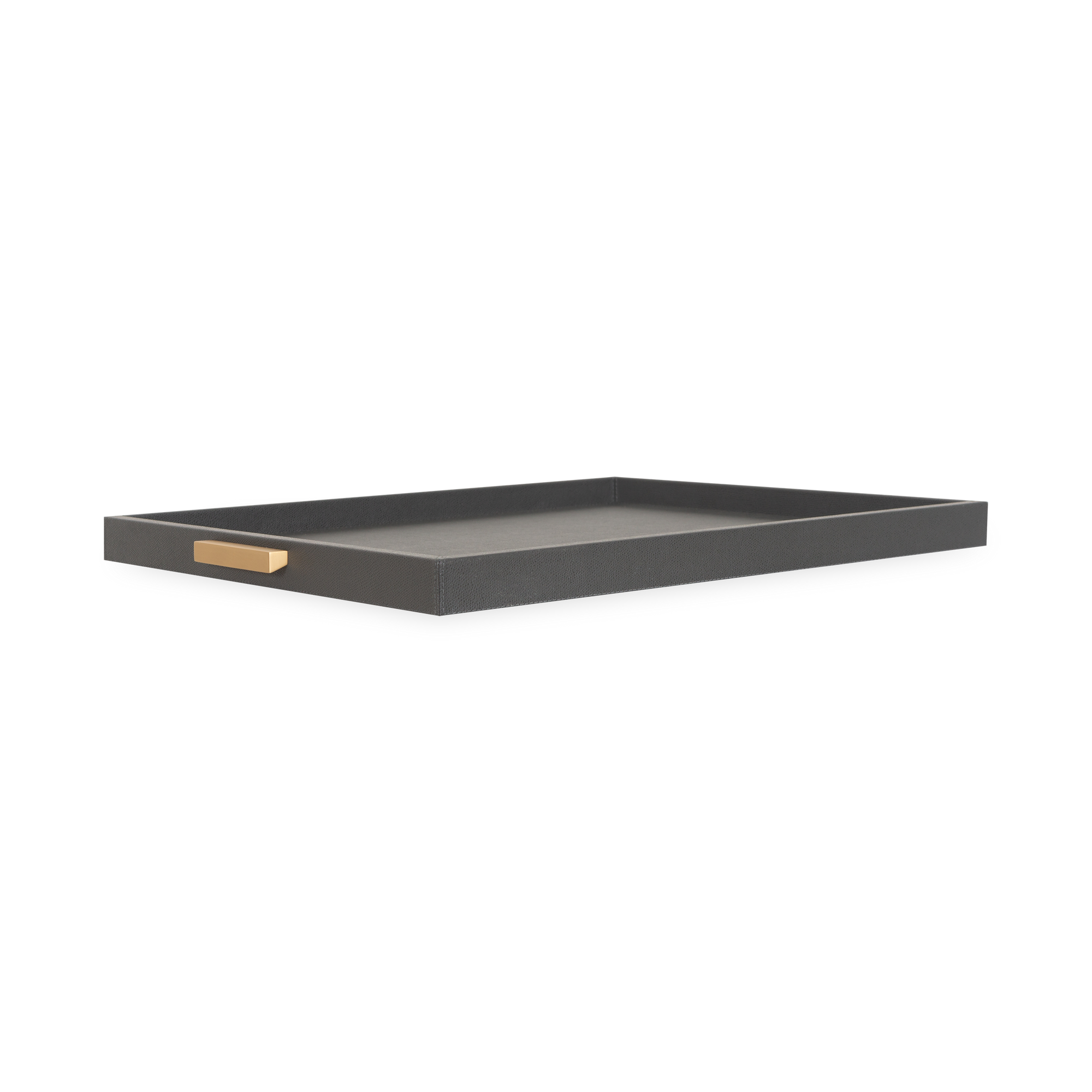 The Deco Tray features an elegant Italian leather that covers a wood structure with bronze-plated metal handles.