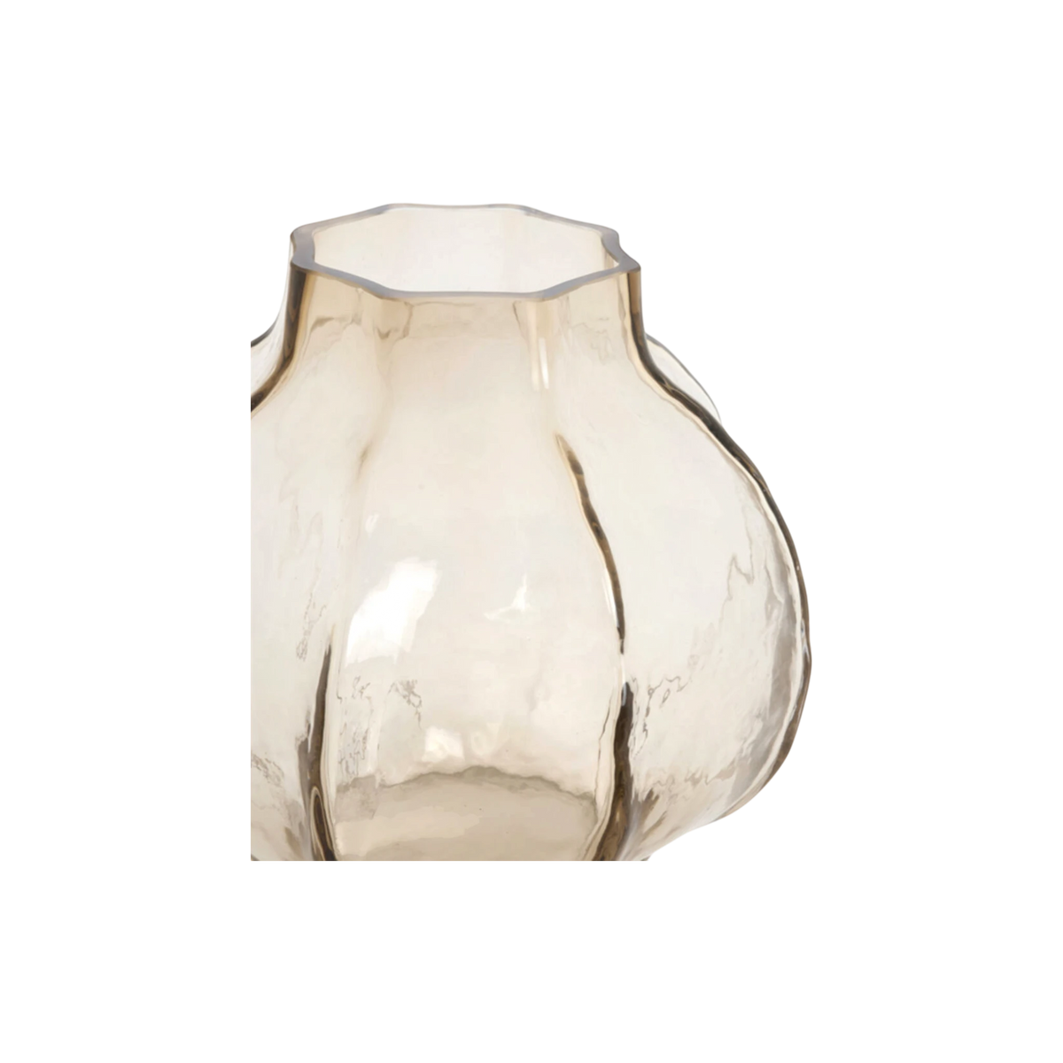 Close-up showing the scalloped, multi-sided rim of the smoked champagne glass vase, with a soft frosted edge and hammered surface texture on the shoulders.