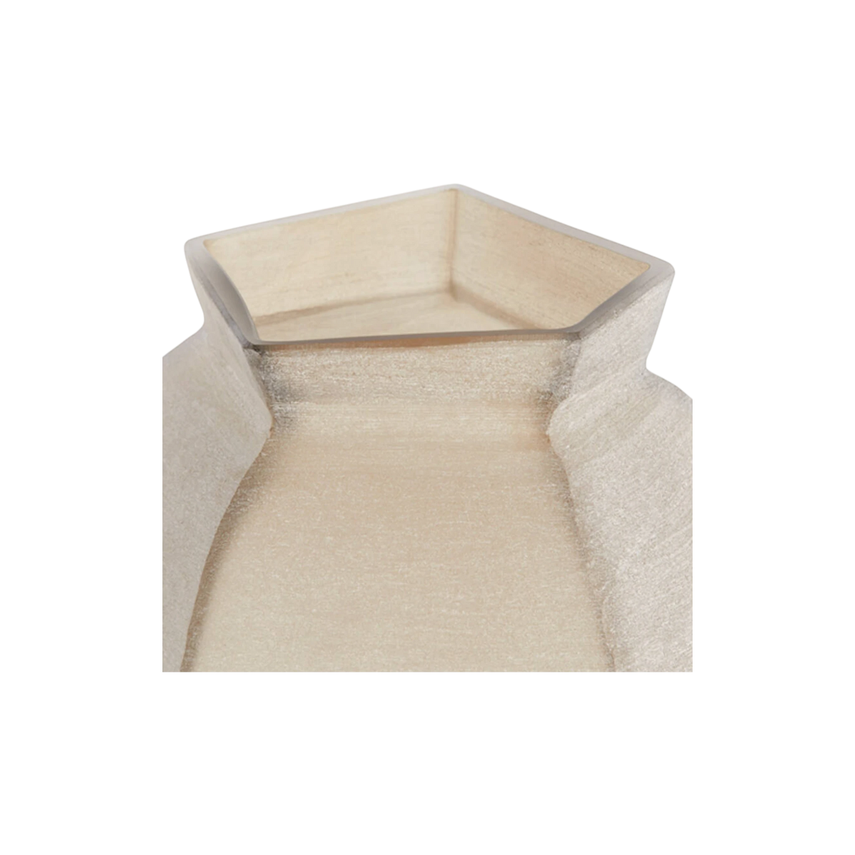 Close-up highlighting the pentagonal rim and pinched neck of the frosted ivory glass vase, with a pale sand-toned interior and a finely brushed texture.