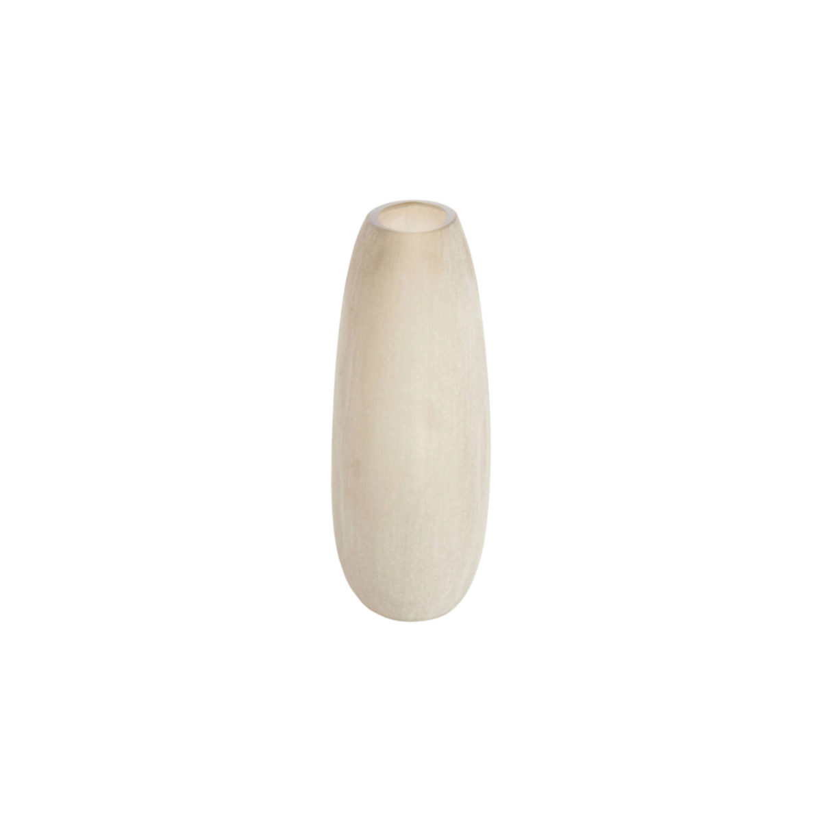 Globe Glass Vase in warm greige etched glass, shown from the side, with a narrow elongated form, a small round opening with a glossy inner wall, and subtle taupe clouding along the edges.