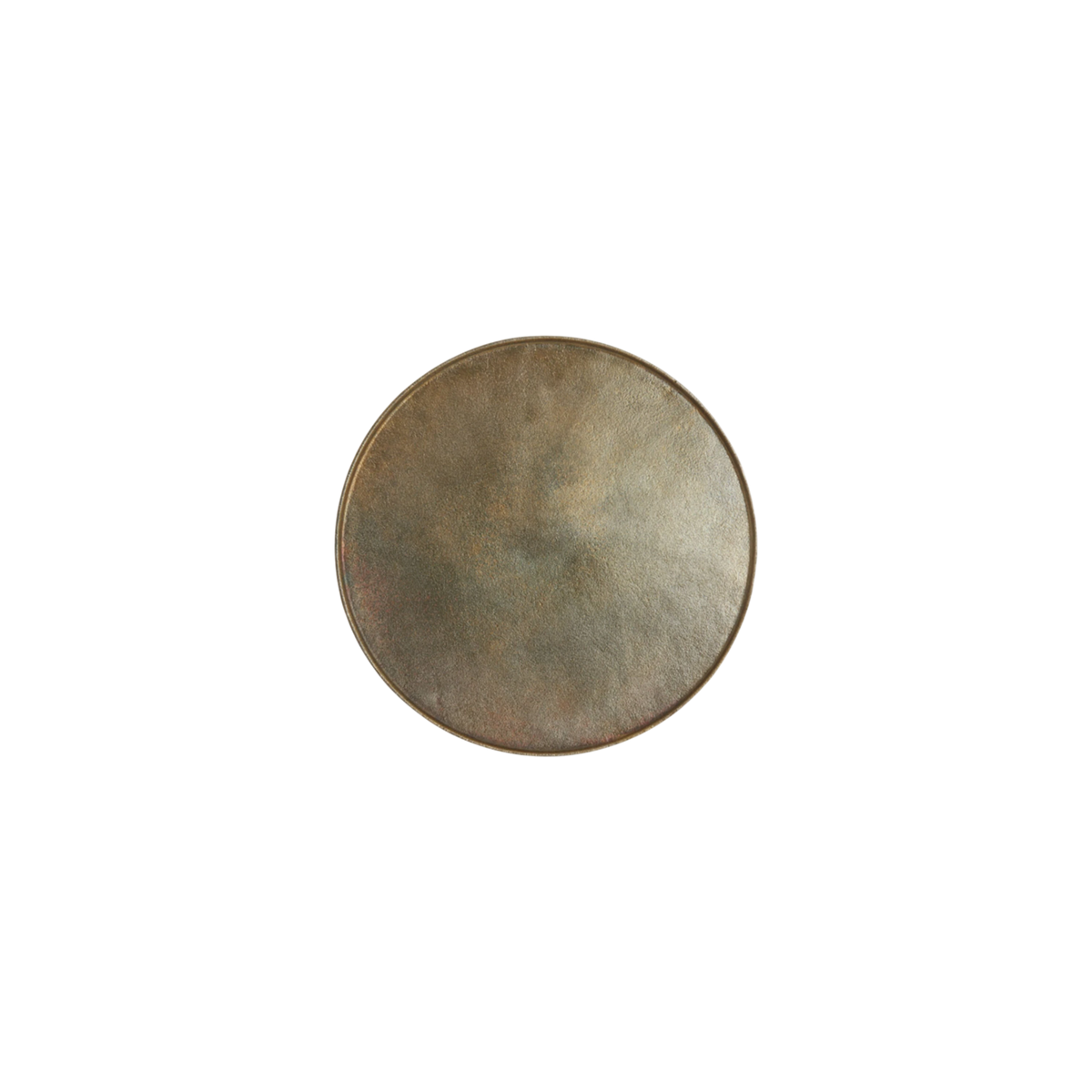 Top-down view of the Russell Tray Round Small in antiqued brass, with a shallow circular well, cloudy patina shifting from gold to olive and copper, and a faint concentric swirl at the center.