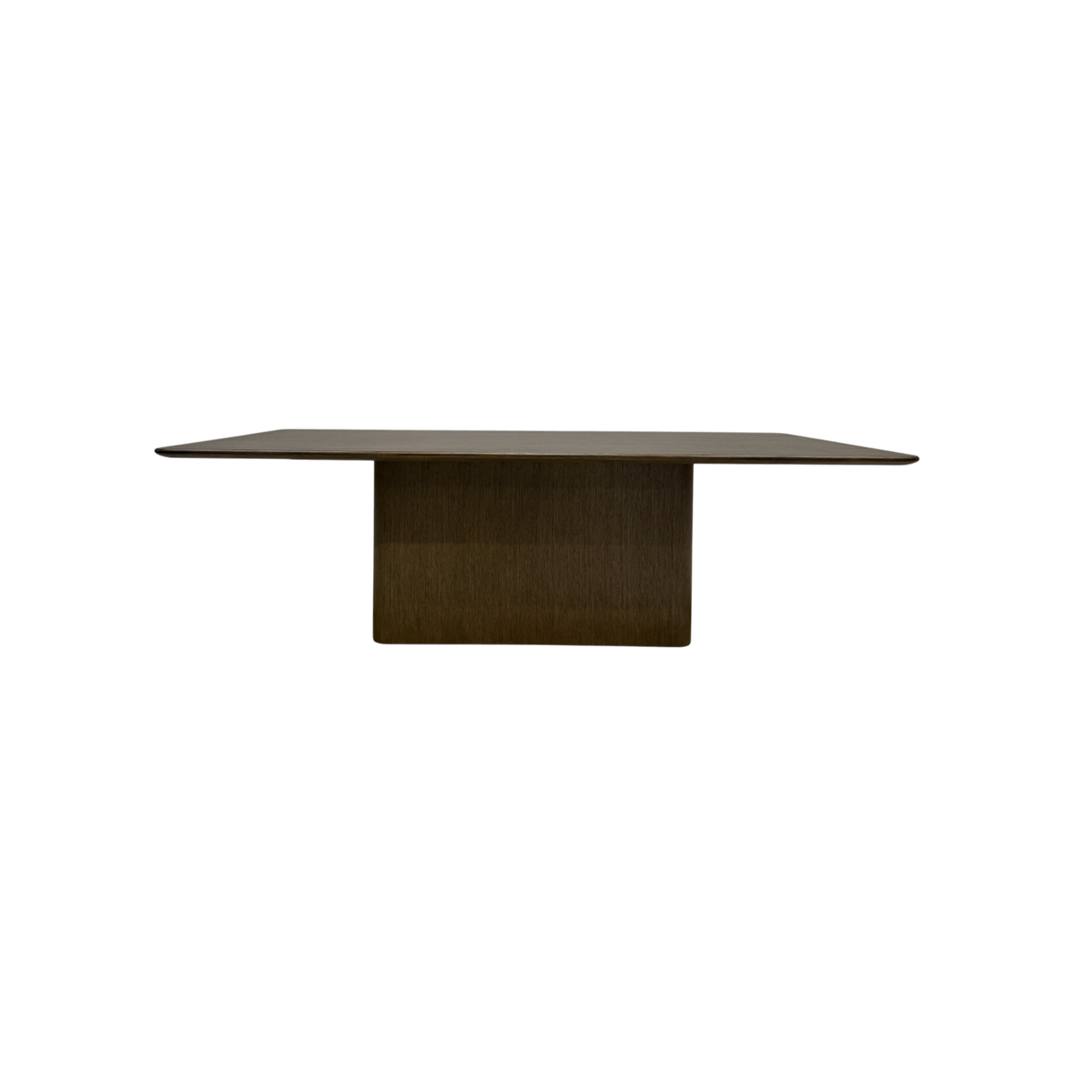 Altar 120-inch Dining Table in dark wood with a long rectangular top, softly rounded edges and a substantial central pedestal base.