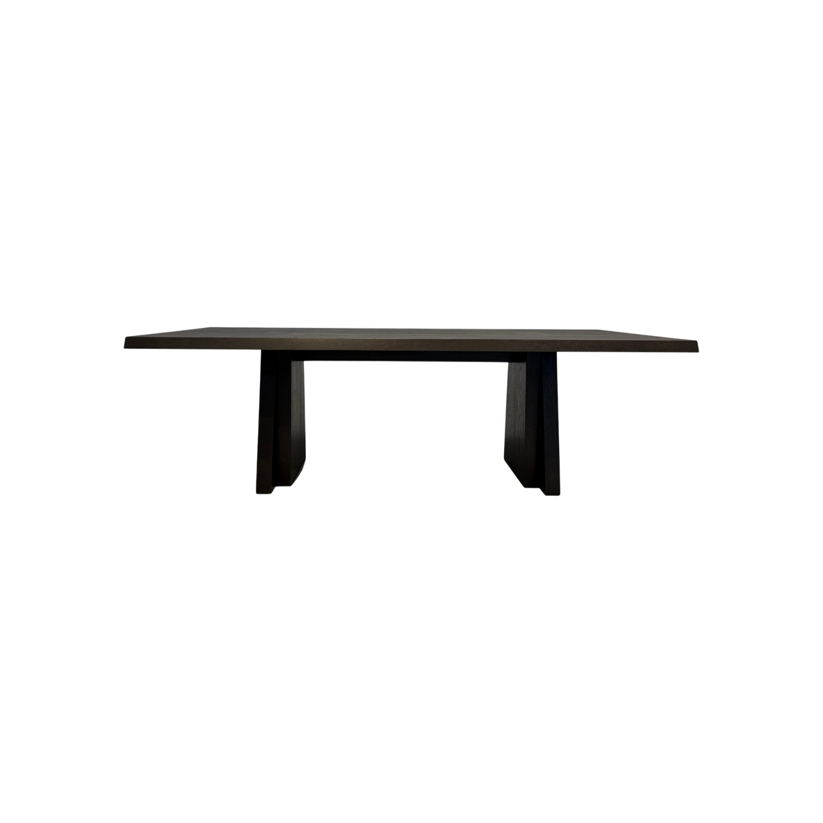 Oblique 96-inch Dining Table in dark wood with a long rectangular top and two angular trapezoidal pedestal bases.