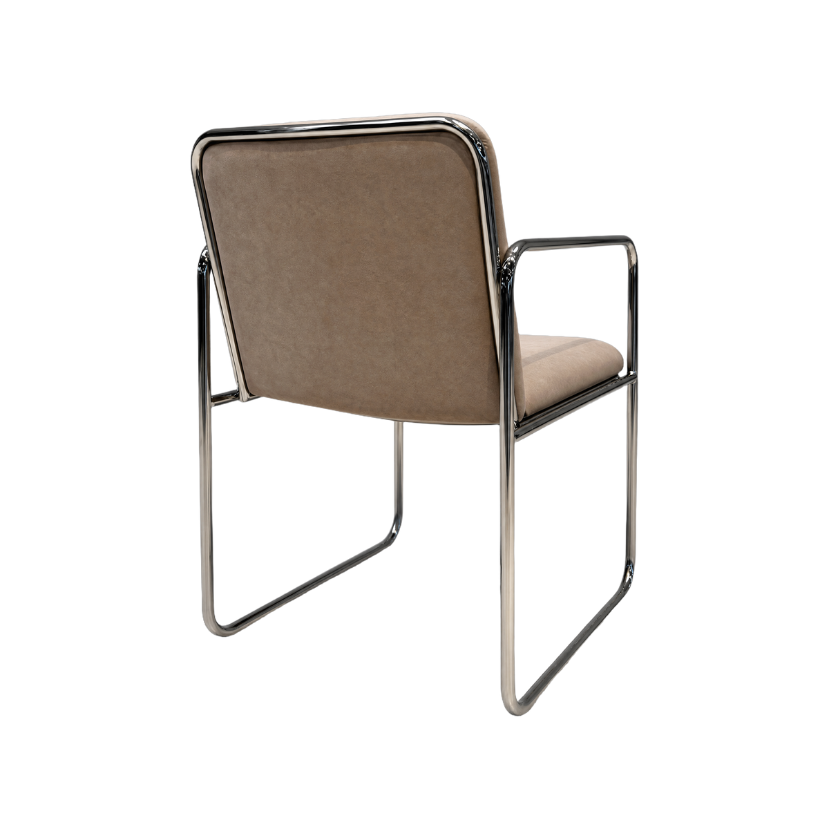 A modern cantilever dining chair with a beige upholstered seat and backrest, supported by a chrome tubular steel frame, shown from a three-quarters angle on a white background.