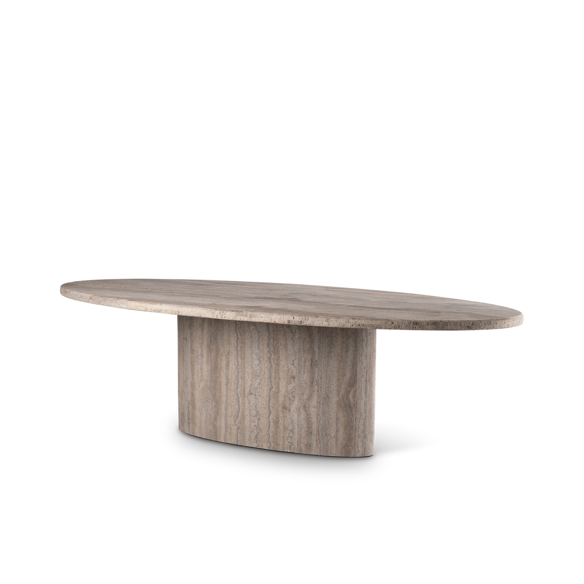 Parker Dining Table angled view highlighting the long oval top and vertically banded pedestal in taupe travertine, with a pitted edge along the front.