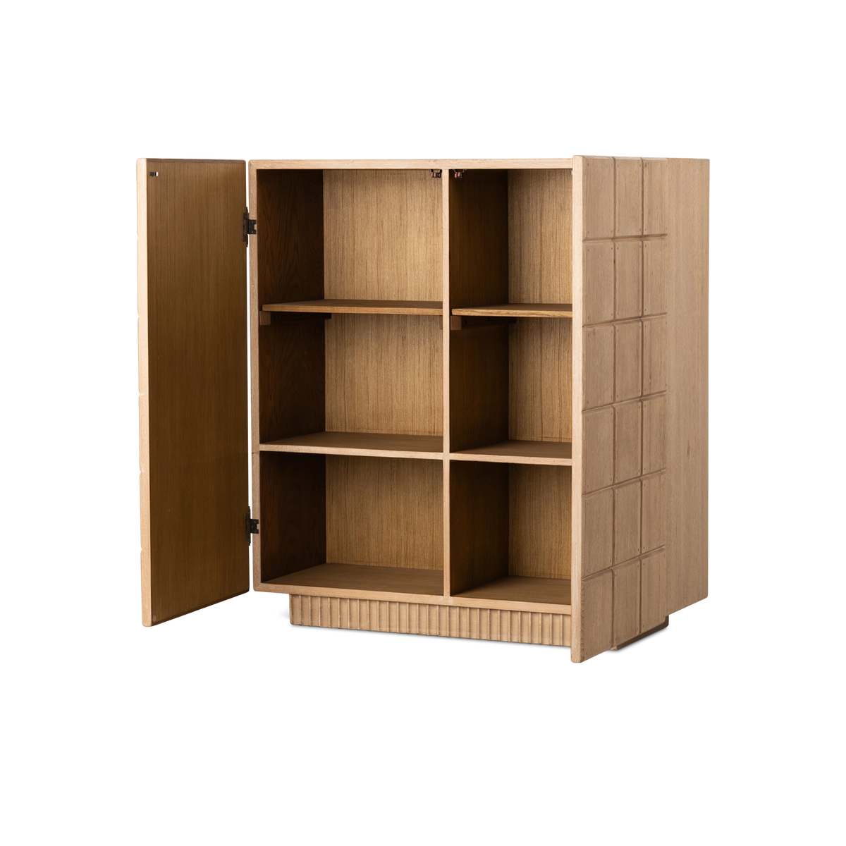 Rosedale Cabinet shown angled with the door open in light tan oak, revealing six interior compartments, adjustable shelves, and the fluted base below.