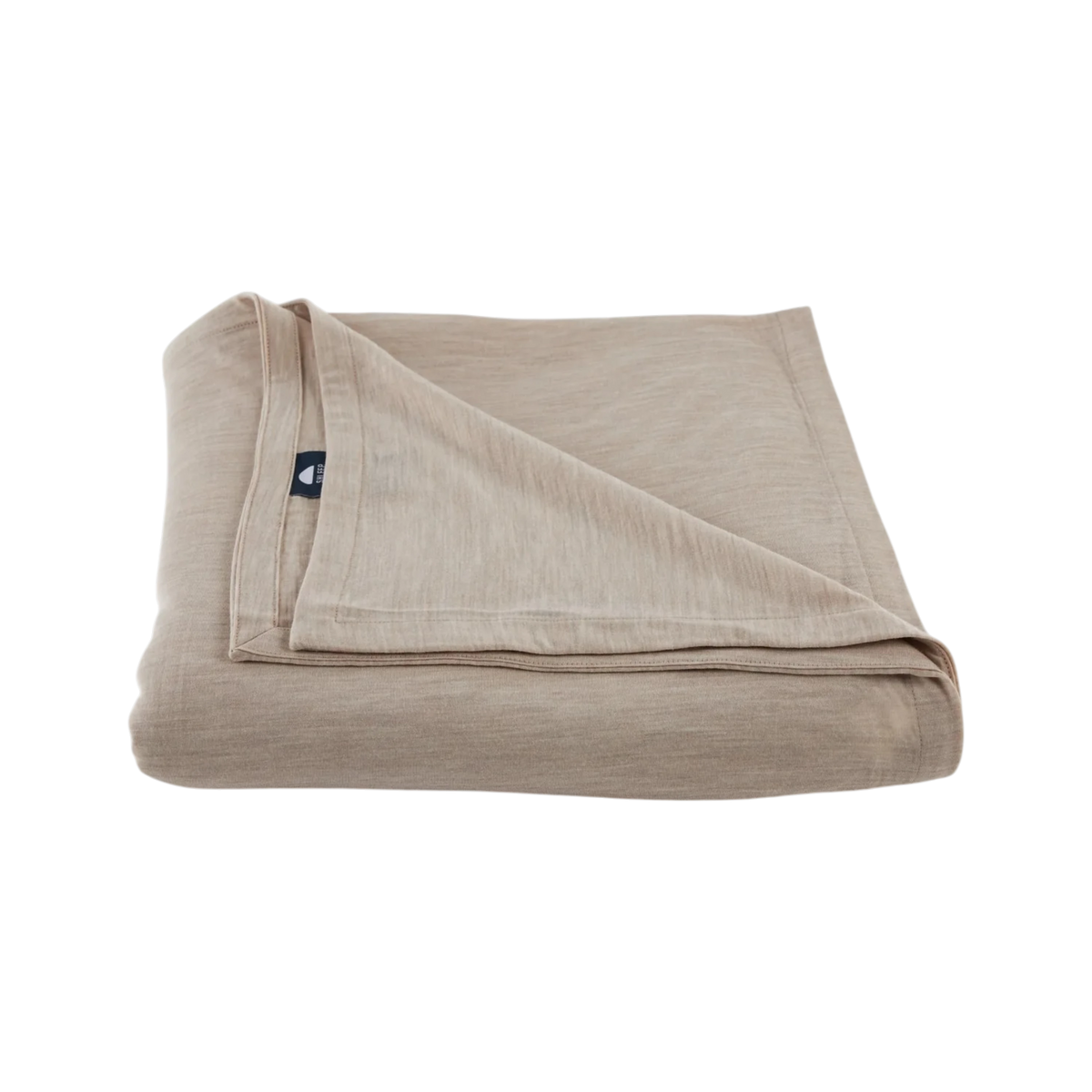 Merino Flat Sheet Queen in Sand Merino Jersey, folded to show the soft drape, double-layered top edge and stitched finish.