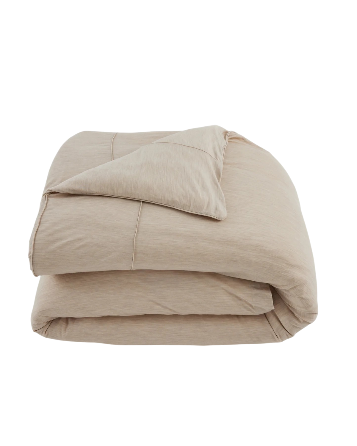 Merino Duvet Cover Queen Sand, folded ivory merino wool and bamboo jersey duvet cover with soft drape, tailored stitching and self-fabric piping.