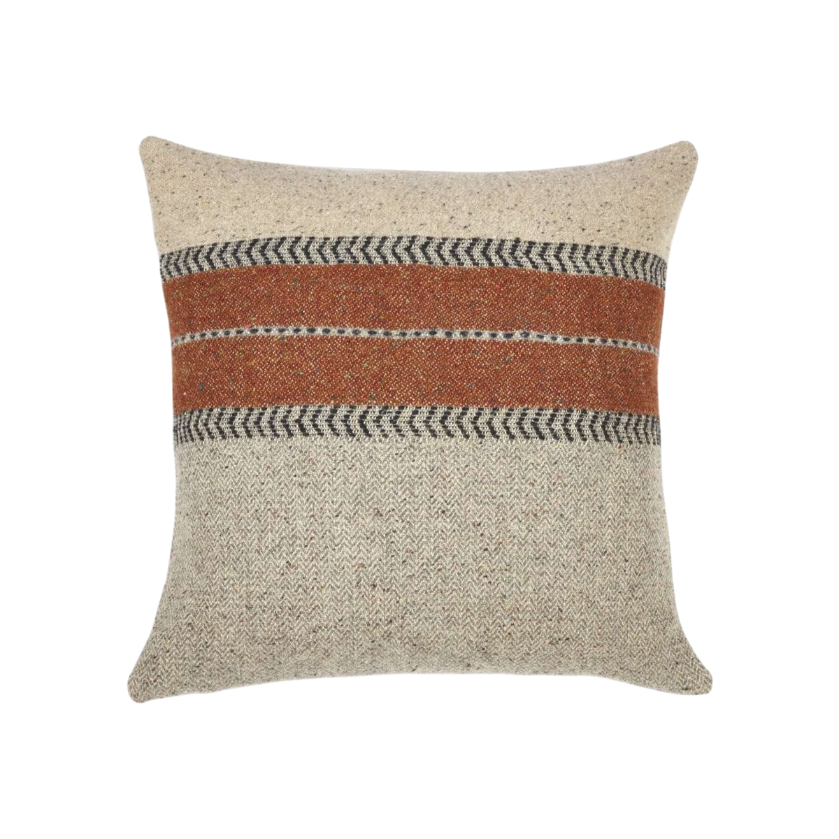 Montana pillow shown from the front in heathered greige and flecked beige wool-and-linen herringbone, with a rust centre band edged in black chevron trim, a line of contrast stitching through the band, and softly pointed corners.