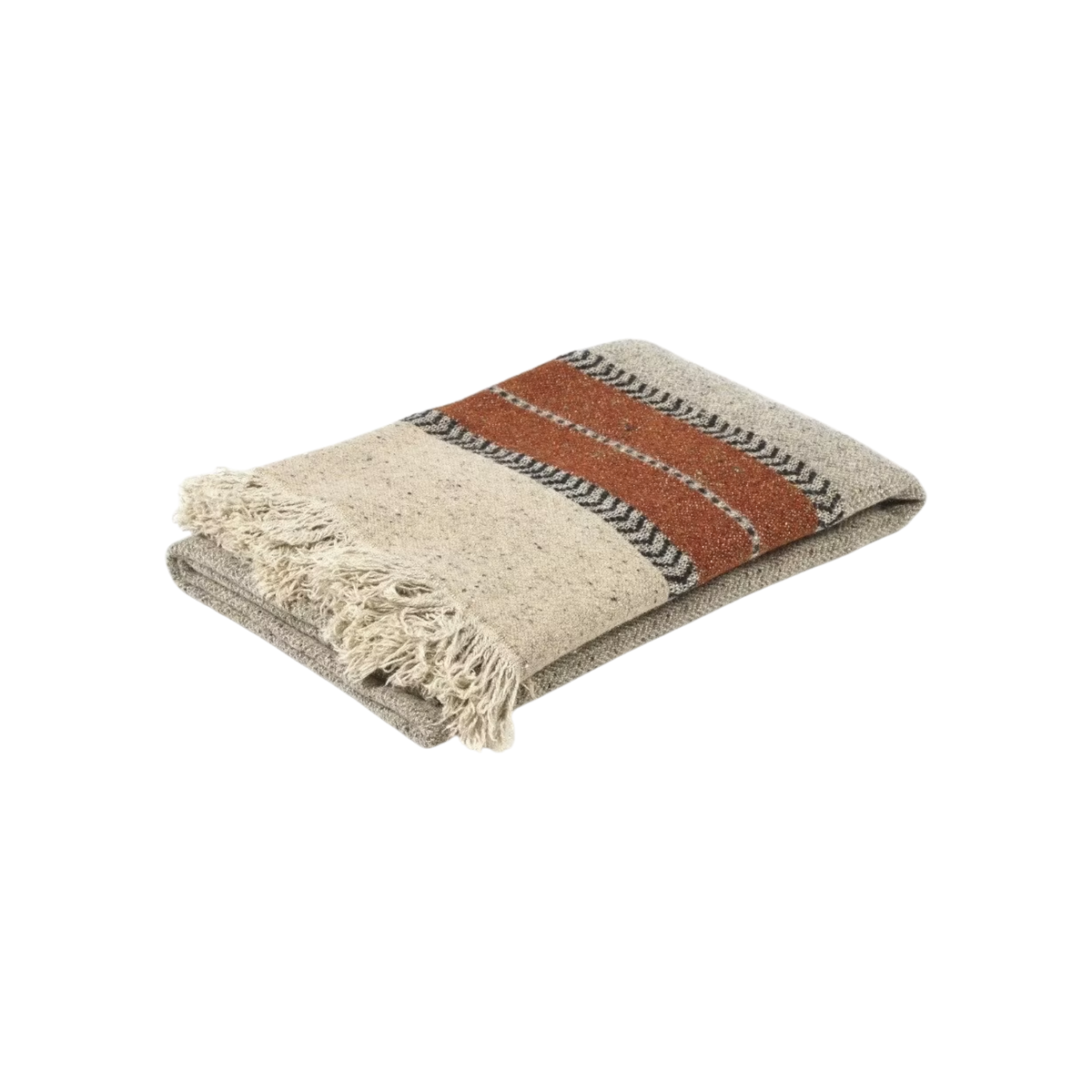 Montana throw, folded in an angled view highlighting its heathered greige wool-and-linen weave, with a flecked beige end panel, a rust band edged in black chevron trim, and a soft flax fringe.