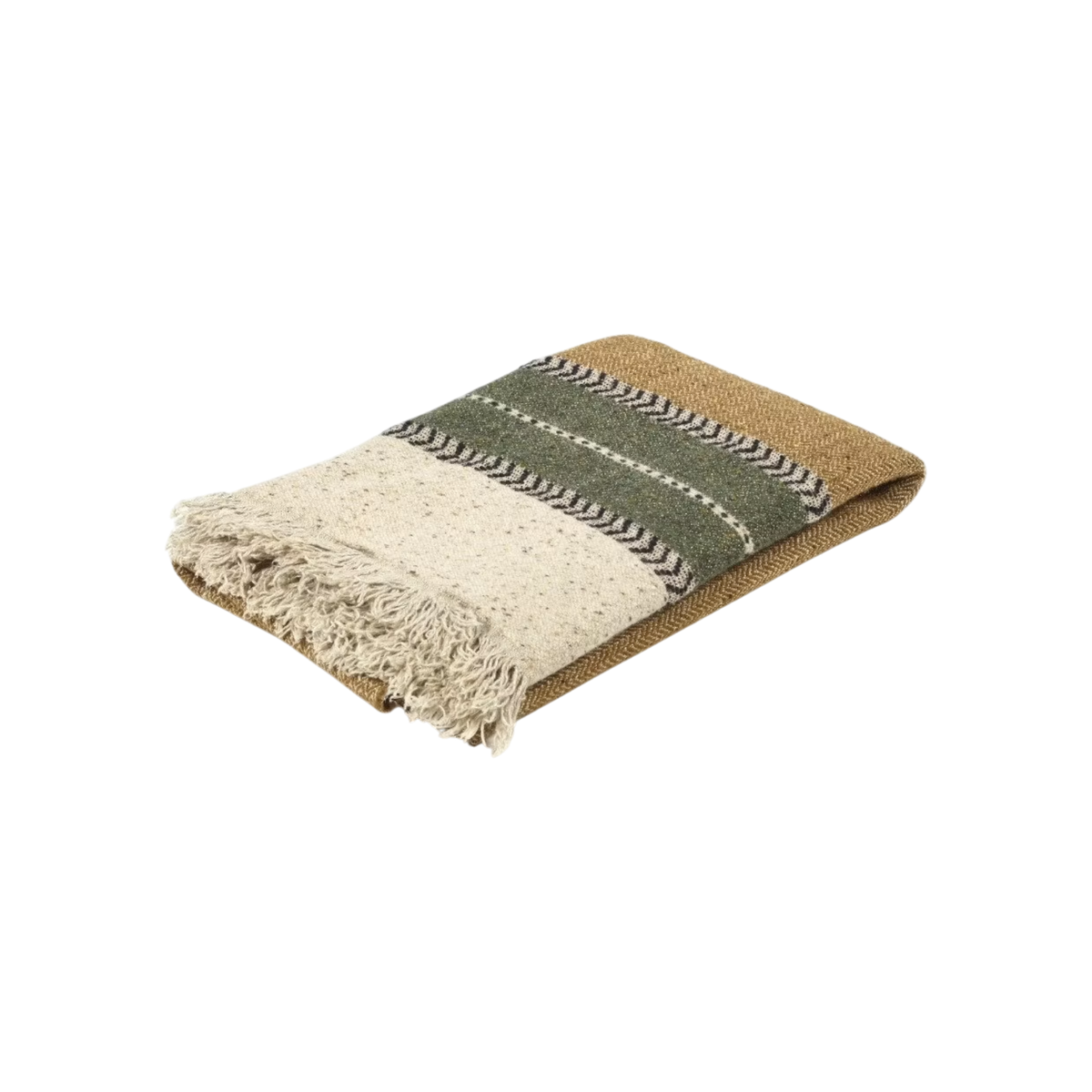 Montana throw, folded in an angled view highlighting its golden ochre wool-and-linen weave, with a flecked cream end panel, a sage green band edged in black chevron trim, and a soft flax fringe.