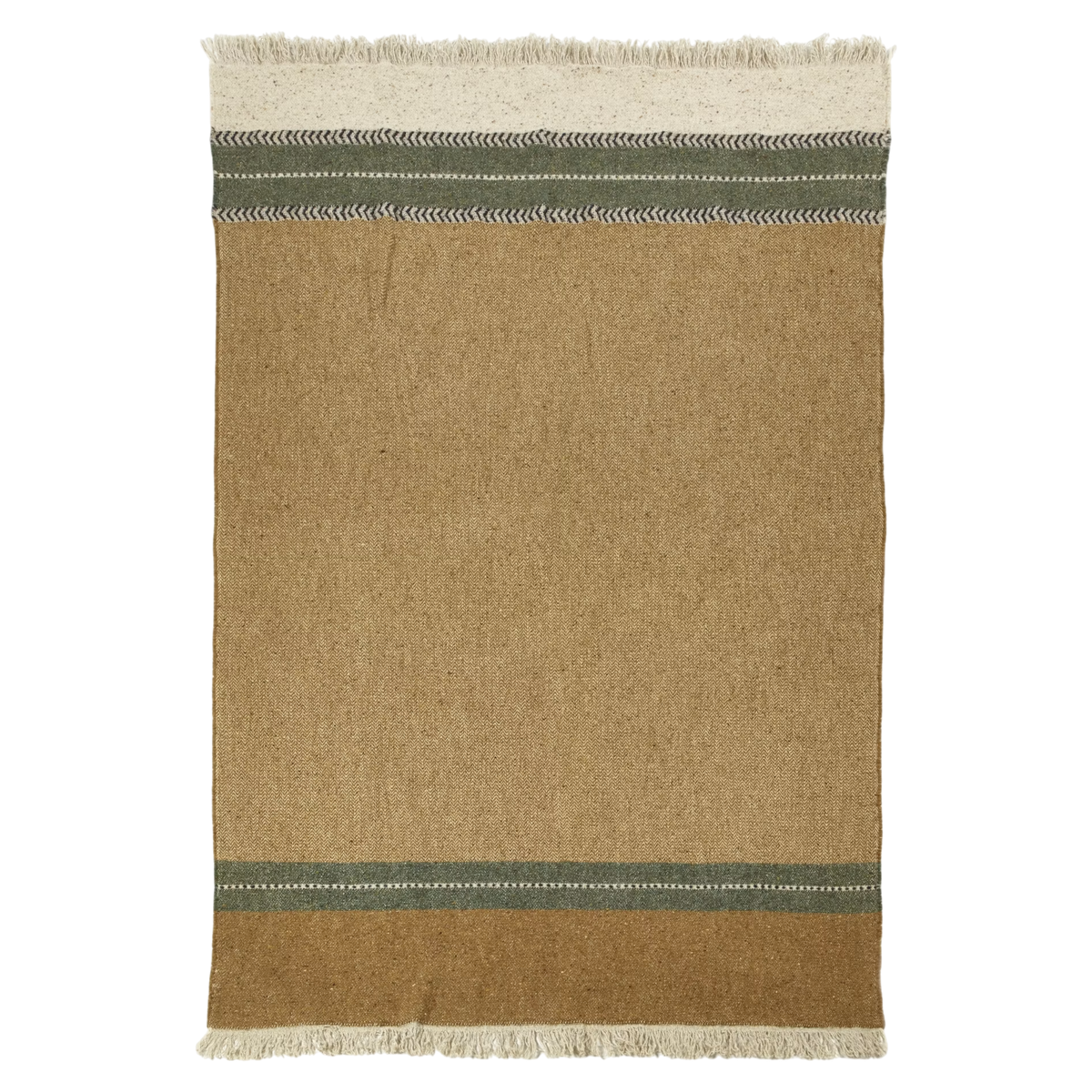 Laid flat and shown from the front, the Montana throw in golden ochre herringbone reveals a fringed cream panel at the top, a sage green stripe with white stitching beneath it, and a second sage stripe near the base.