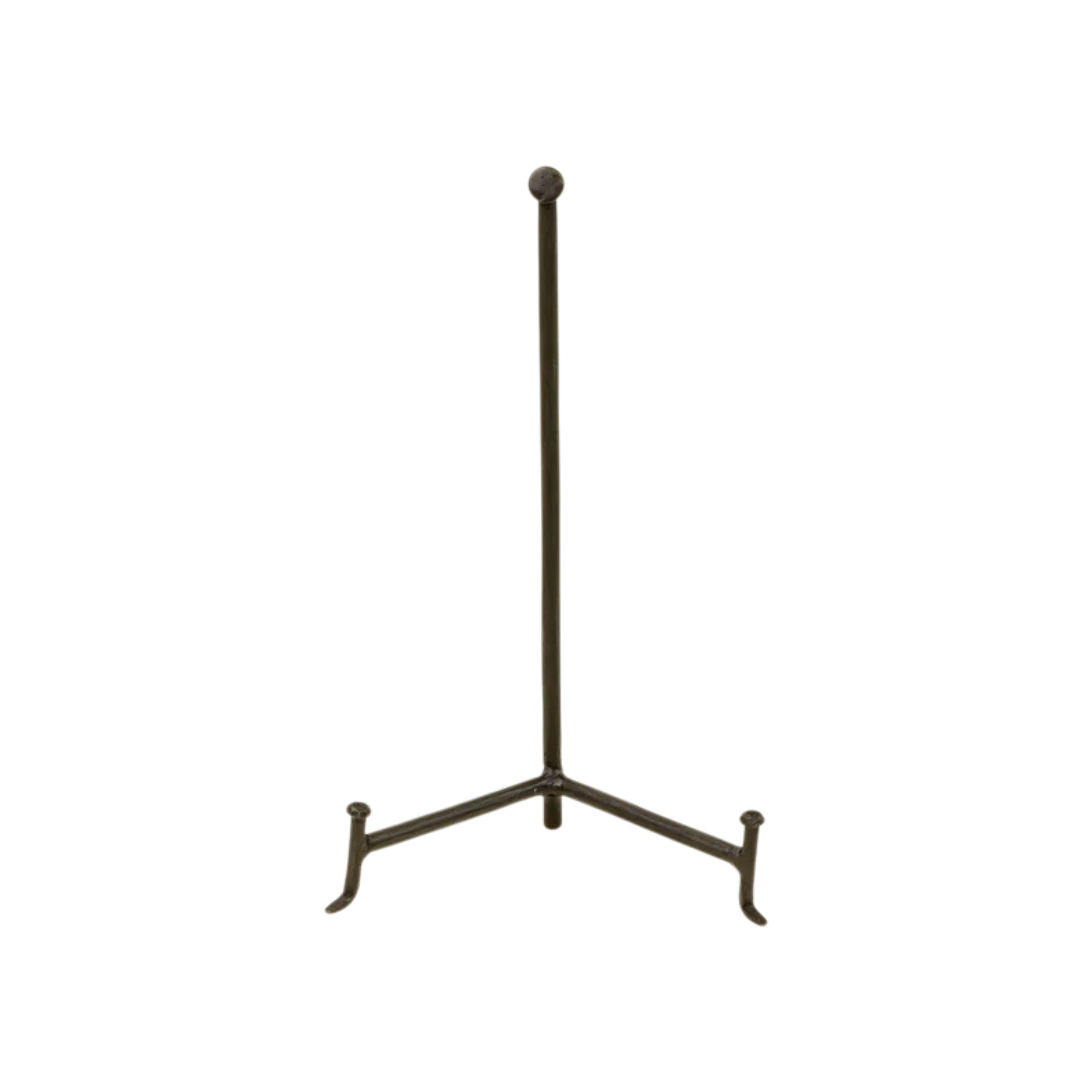 Small Atelier Display Stand in black iron with a slender vertical post, ball finial and open tripod base designed to support a plate, book or framed decorative object.