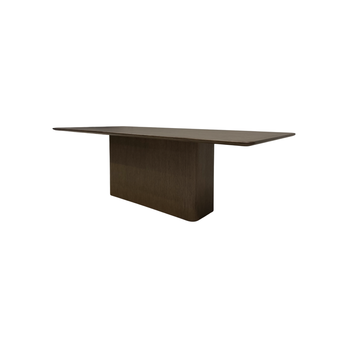 Angled view of the Altar 96-inch Dining Table showing its elongated wood top, gently softened corners and architectural pedestal base.