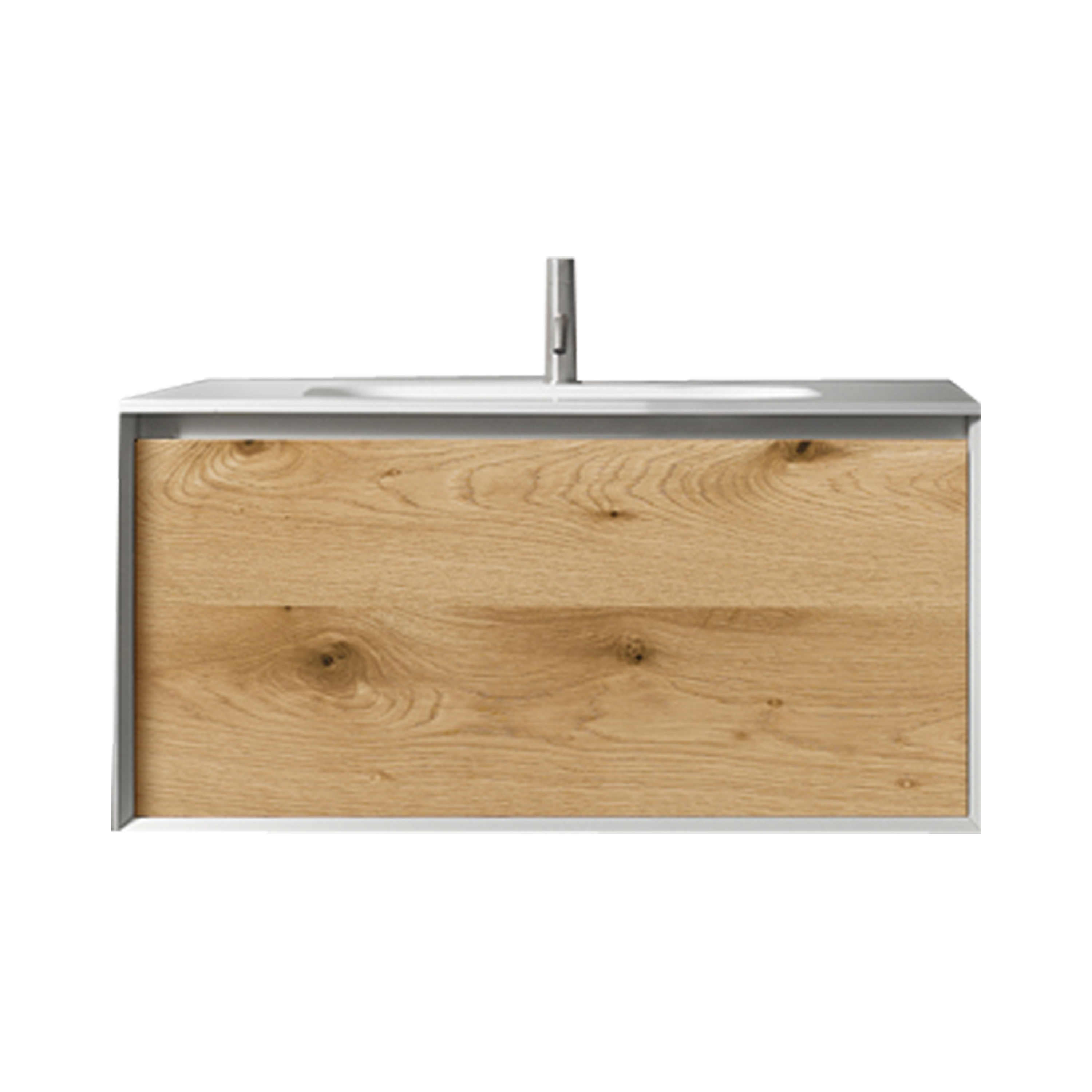 VANITY: Wall-mounted vanity with deep drawer and slim drawer insert.