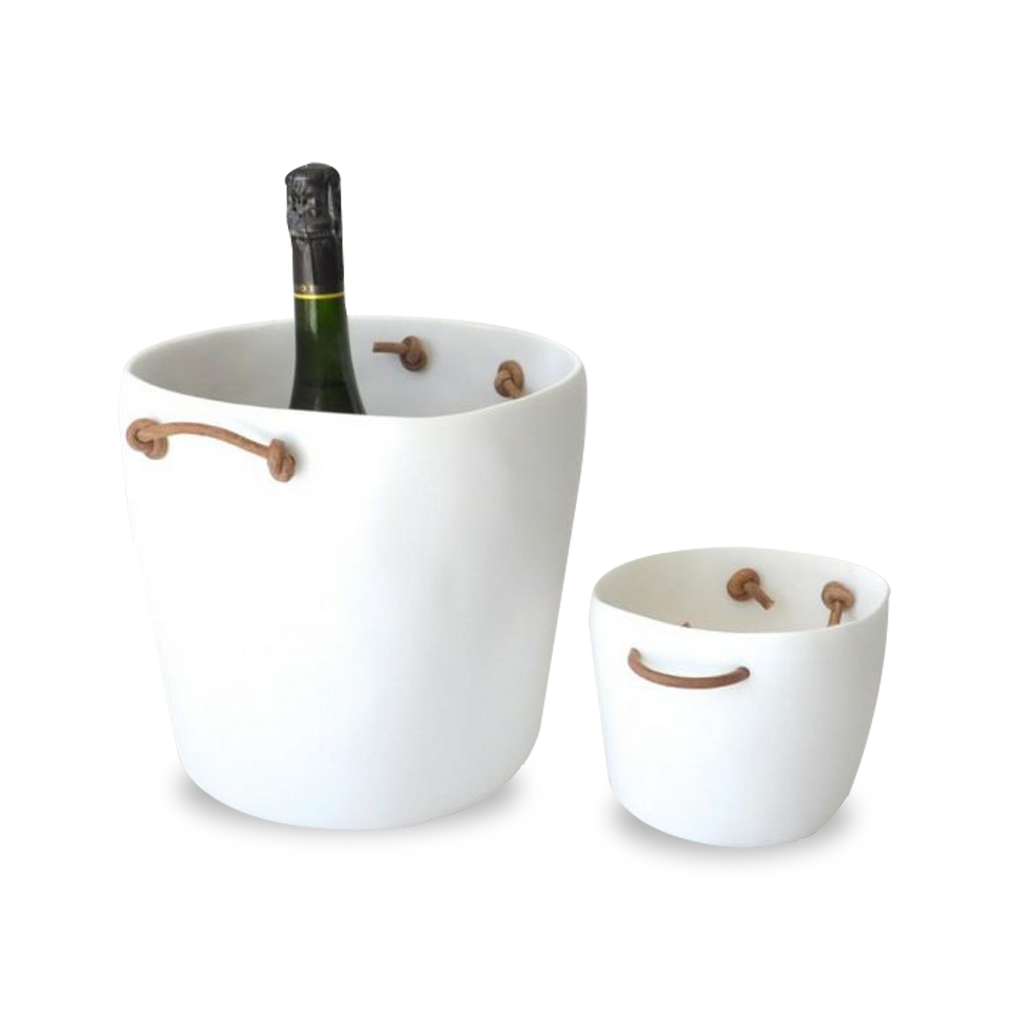 White Resin Champagne Ice Bucket With Leather Handles.