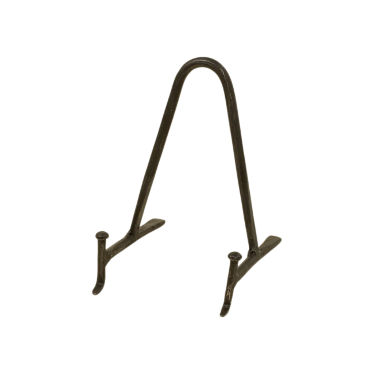 Arc Display Stand in black iron with a rounded arch frame, slim supports and splayed feet designed to hold a plate, book or framed decorative object.