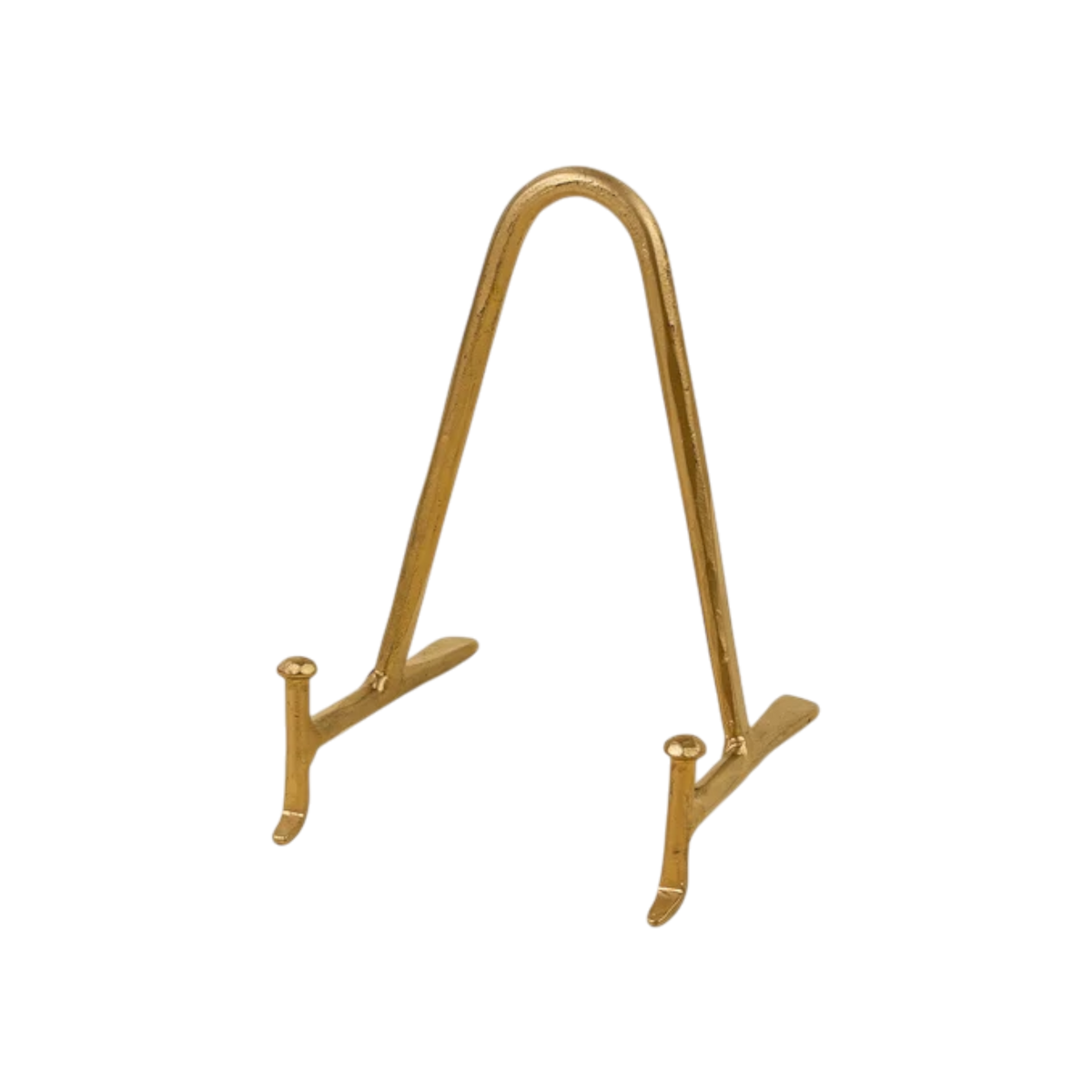Arc Display Stand in gold-tone brass with a rounded arch frame, slim supports and splayed feet designed to hold a plate, book or framed decorative object.