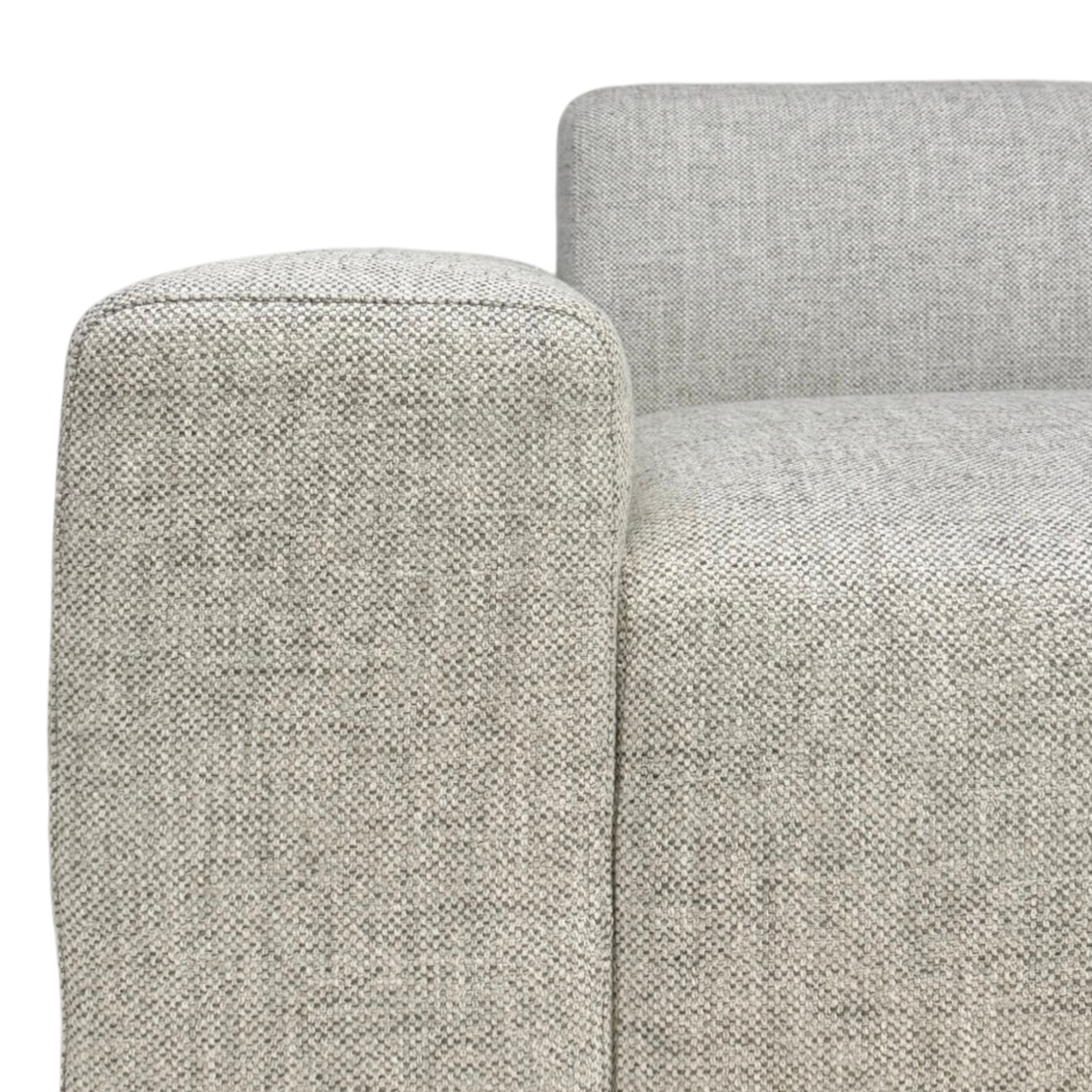 Close-up of Vetro Bullnose Sectional showing the rounded arm, cushioned seat and textured light grey woven fabric.