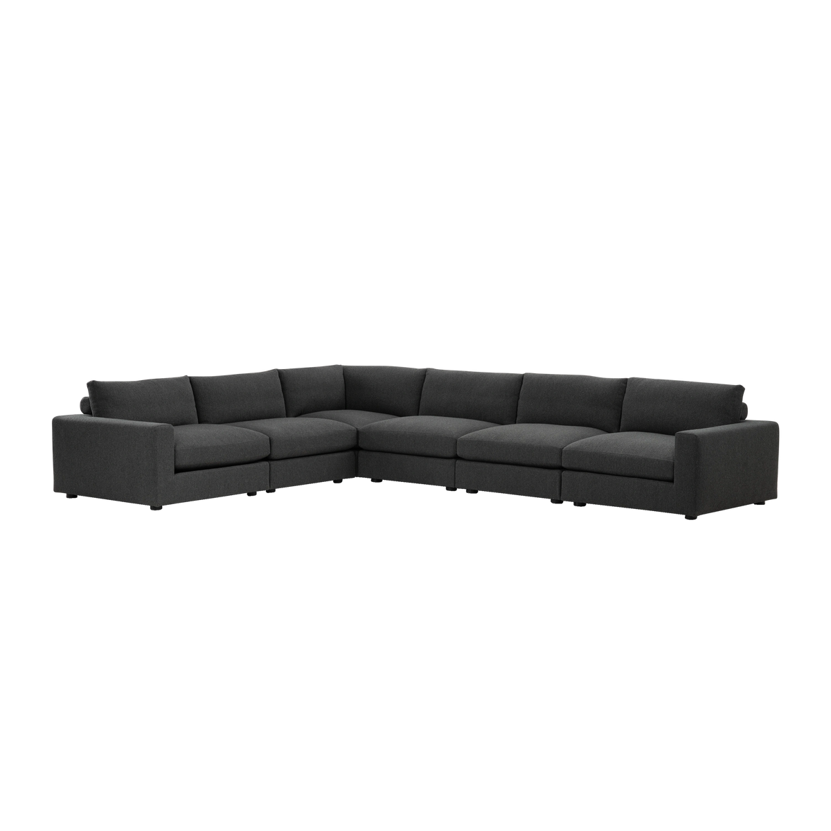 Angled view of the Colonna Modular Sectional in charcoal bouclé, showing the L-shaped layout, the deep seat cushions, and the square arm on each end.