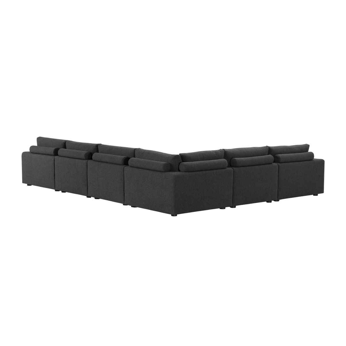 Colonna Modular Sectional shown from the back in charcoal bouclé, highlighting the row of slim bolsters, the loose back cushions, and the low round feet beneath the base.