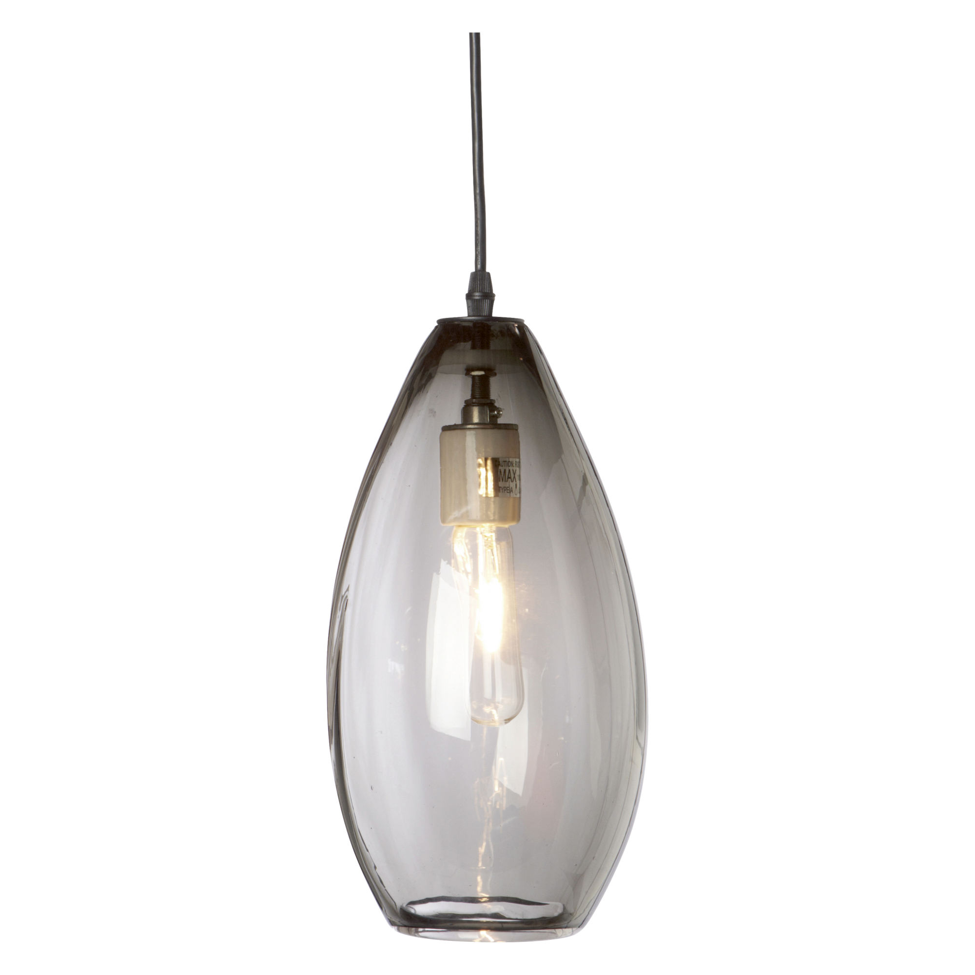 A modern pendant with a teardrop shaped smoked glass shade.