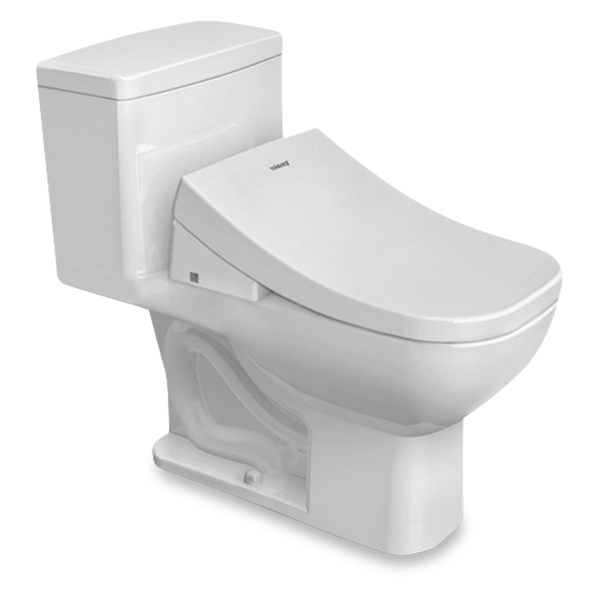 A sleek, white, one-piece toilet with an elongated seat and a Universal-height bowl.