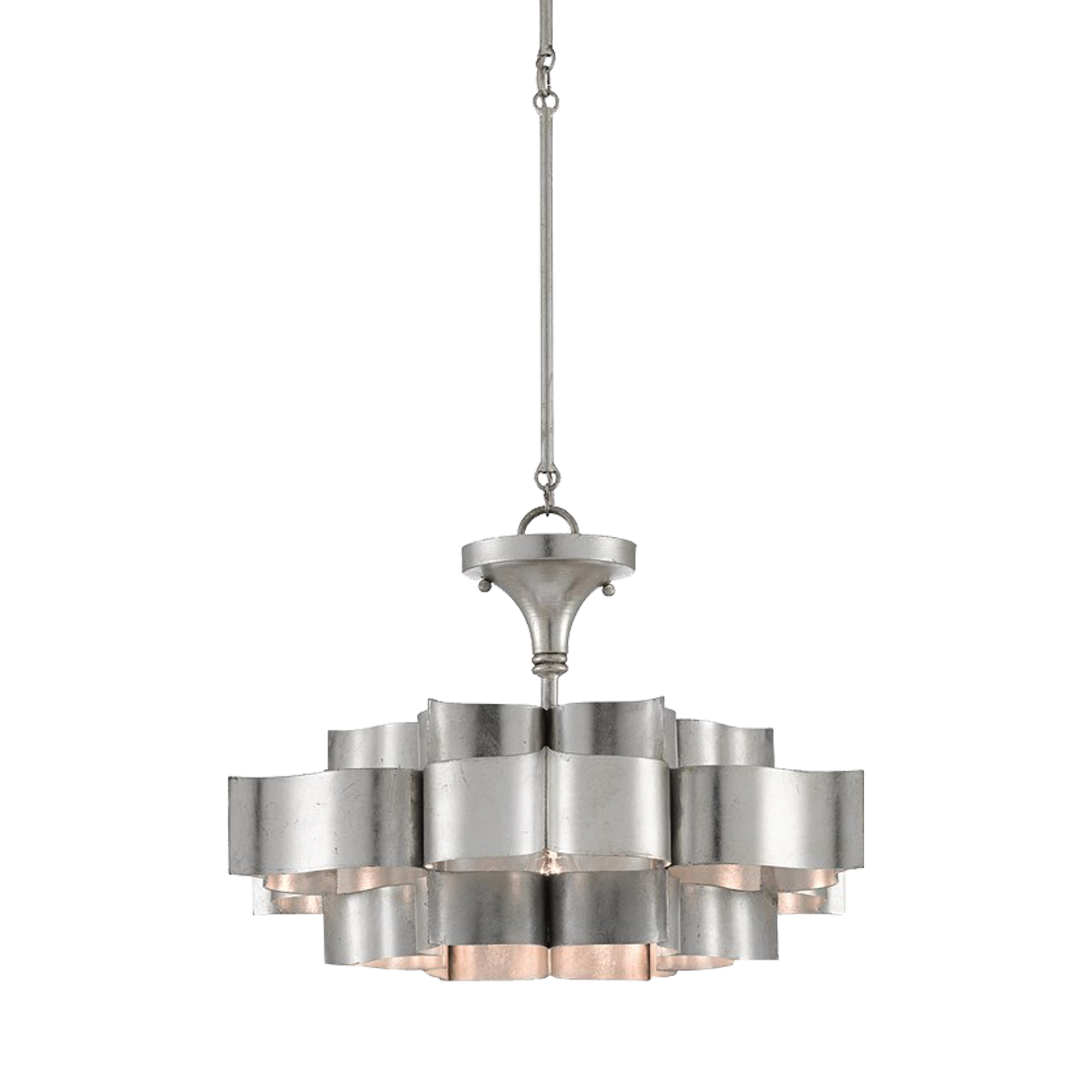 Undulations of luxurious silvery-hued metal treated to a contemporary silver leaf finish form the flowering silhouette of the Grand Lotus Chandelier.