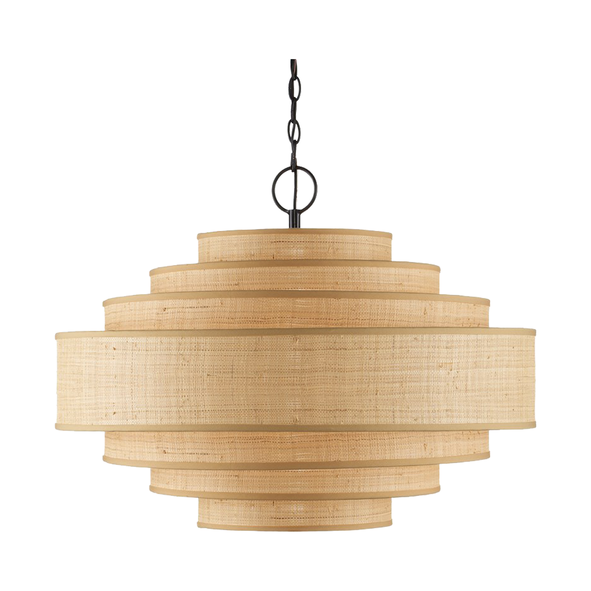 Grass cloth cylinders that make up the Maura Natural Pendant bring an elevated design statement to the fabric shades on this tan pendant.